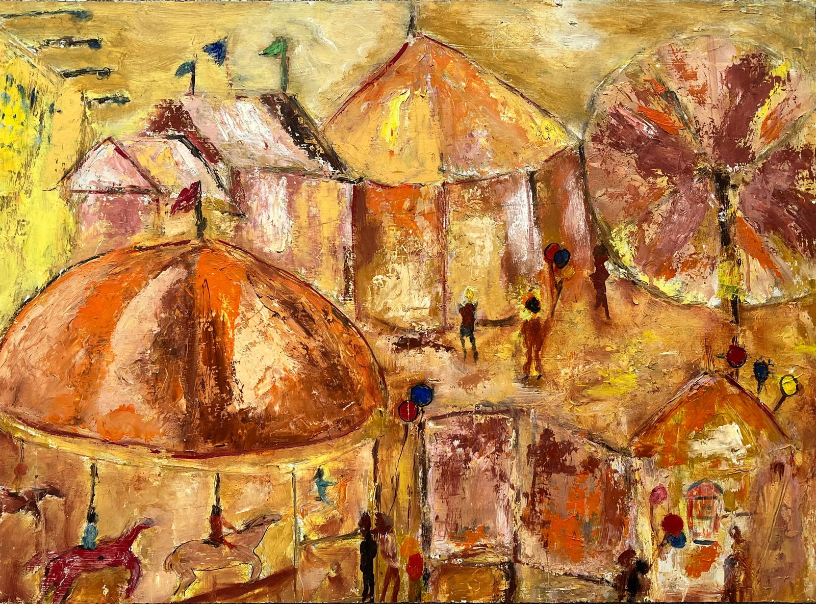 Original Vintage Naive Painting – Carnival - Circus Tents, Carousel & Ferris: Colorful vintage oil painting on board, depicting a carnival scene with striped circus tents, carousel horses, a Ferris wheel, and figures holding balloons. Painted in a textured, expressive style wit