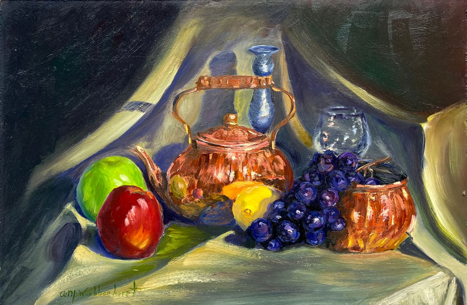 Vintage Oil Painting Still Life – Copper Kettle, Fruit & Glass –Signed - Realism: Executed in the tradition of Dutch and European Academic Still Life Realism, the painting shows vibrant color contrasts and reflective highlights that create a striking, timeless atmosphere.• Med