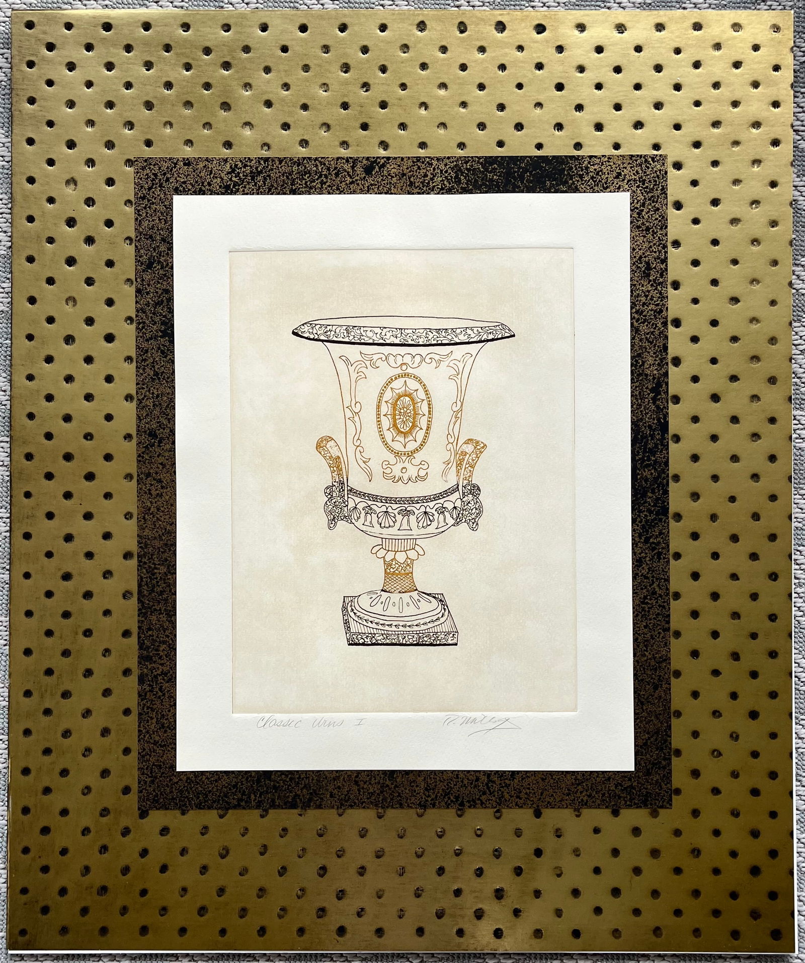 Hand-Signed Etching – Classic Urns I – Neoclassical Style – Gold & Black Mat: Vintage hand-signed etching titled “Classic Urns I.” Signature: Hand-signed in pencil lower right (unintelligible). Title: Classic Urns I (penciled lower left). Medium: Etching with hand color
