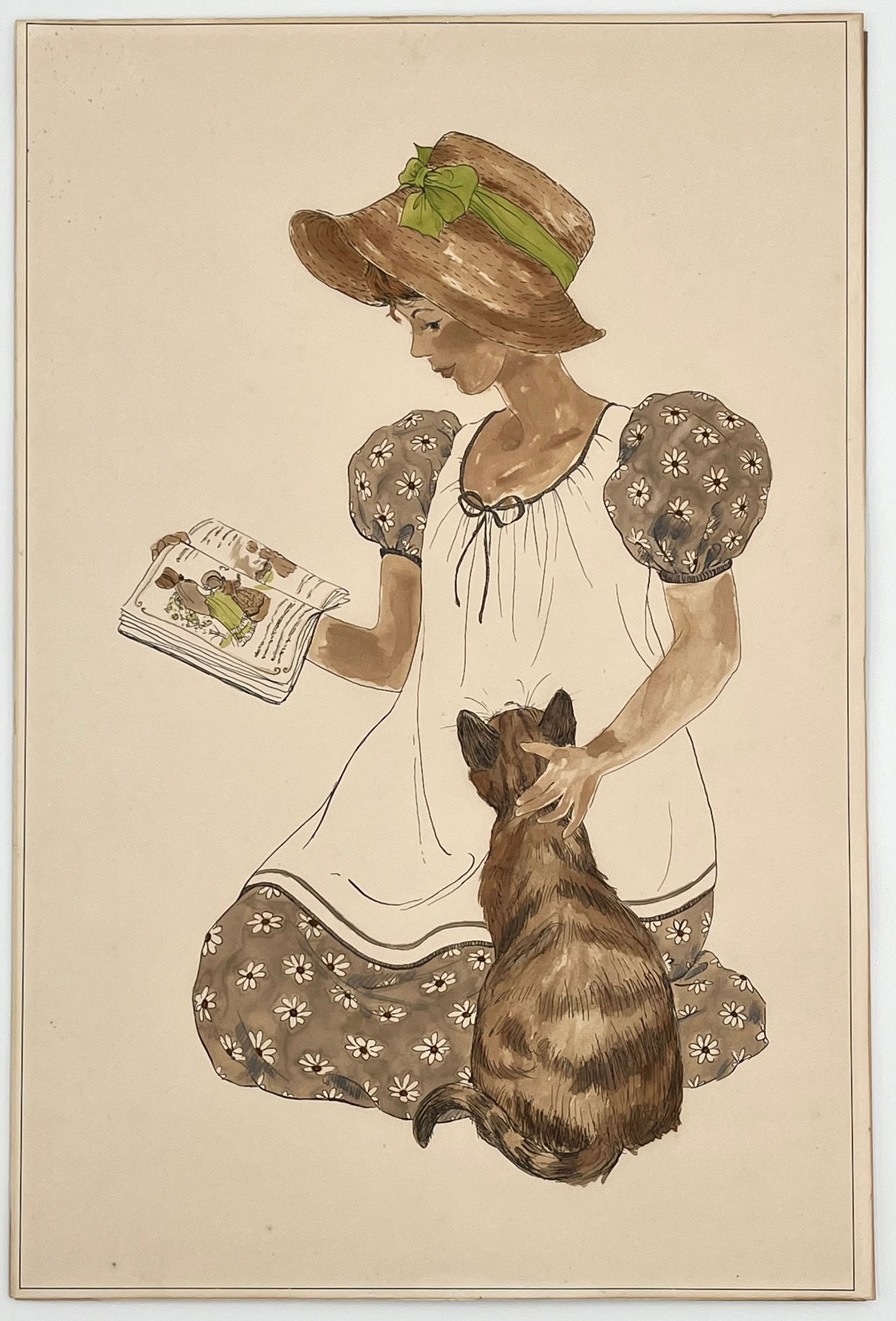 Vintage Original Watercolor & Ink Drawing – Girl Reading with Cat (1 of 3)