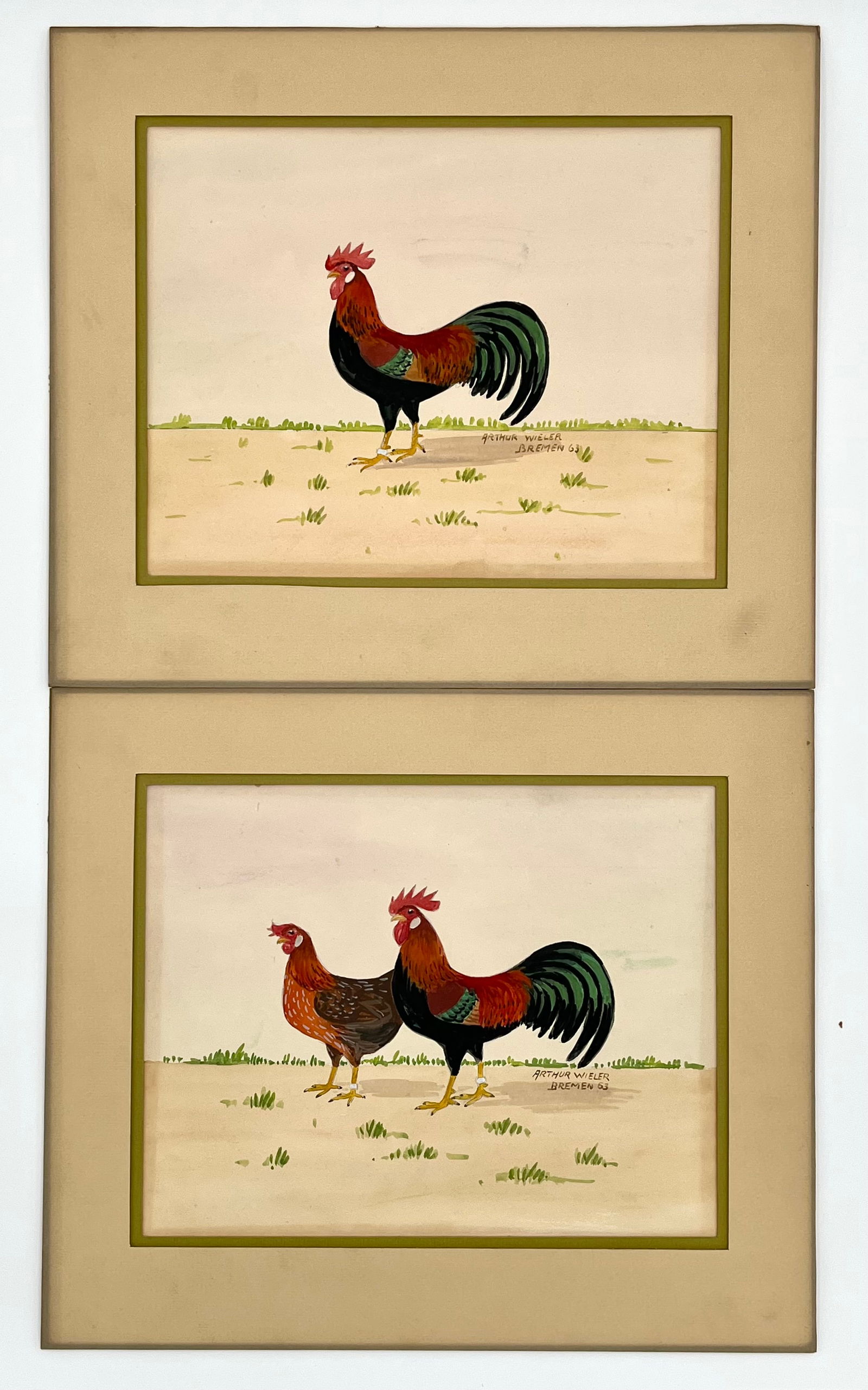 Original Vintage Folk Art Rooster & Hen Paintings – Arthur Wieler, Bremen ‘63: Pair of vintage folk art poultry paintings, both signed and dated Arthur Wieler, Bremen 63. Likely created in Bremen, Germany in 1963, these works feature a proud rooster and hen, painted in gouache w