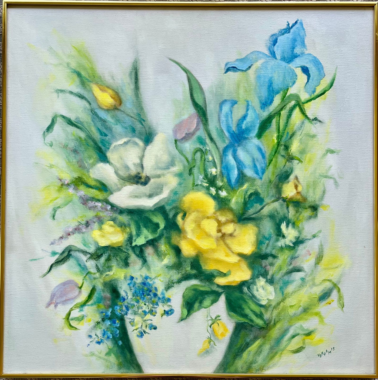 Original Vintage Oil Painting –Irises, Roses & Spring Flowers 30x30: Original oil painting on canvas signed lower right Vardamis. Size: 30 x 30 inches approx and is presented in a gold-tone lightweight metal frame. Painting is in very good vintage condition, very few s