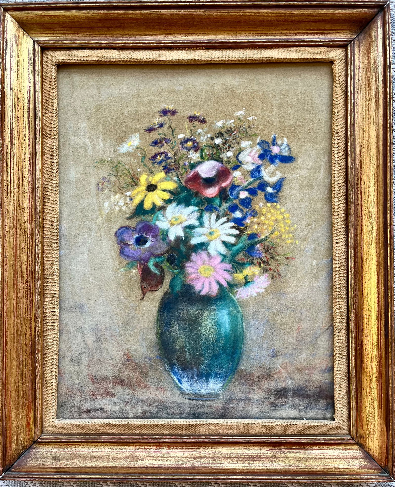 Antique Pastel on Velvet Floral Still Life Original Framed Artwork: Elegant antique pastel painting on velvet, likely dating from the early 1900s to 1920s. This delicately rendered floral still life features a lush bouquet of wildflowers in a green vase, executed in