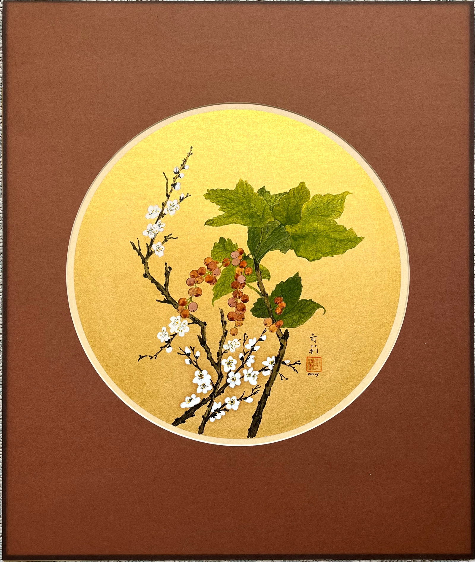 Original Vintage Watercolor Painting Cherry Blossom & Berries By Jo Kelly: Stunning original vintage watercolor painting featuring delicately detailed cherry blossoms and berries against a radiant gold background. The artwork is executed in traditional Asian style, signed ��