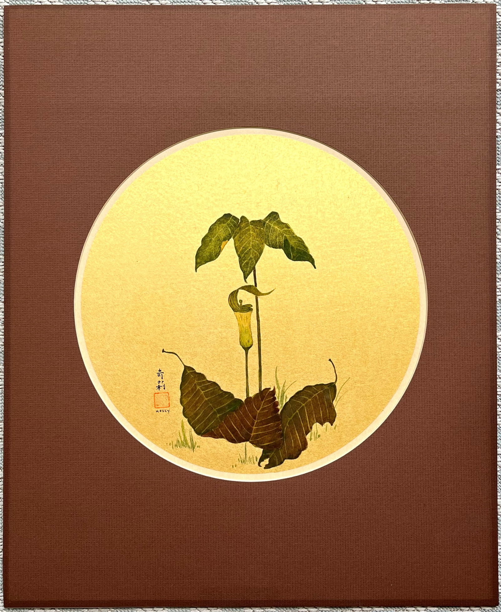 Original Vintage Botanical Watercolor Jack In The Pulpit By Jo Kelly: Exquisite original vintage watercolor painting depicting a Jack-in-the-Pulpit (Arisaema triphyllum) plant with surrounding fallen leaves. The delicate botanical subject is rendered in fine detail