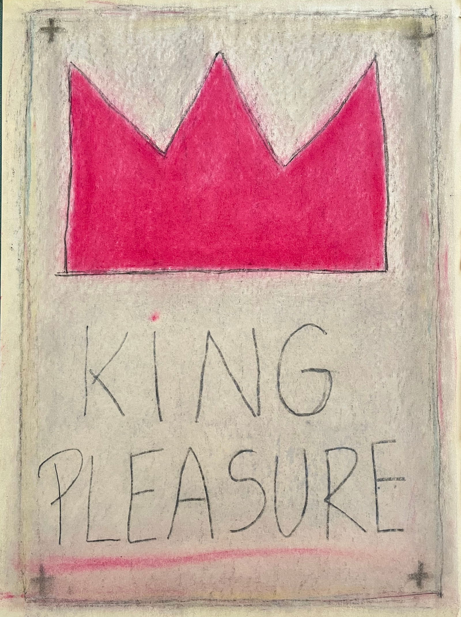 OIL STICK ON BOARD BASQUIAT STYLE KING PLEASURE: OUTSIDER ART OIL STICK AND CHARCOAL ON VINTAGE BOOK COVER BASQUIAT STYLE. 12.2 X 9.5 INCHES APPROX. PAINTING IS UNFRAMED. SHIPPING IN THE U.S VIA USPS PRIORITY MAIL $20