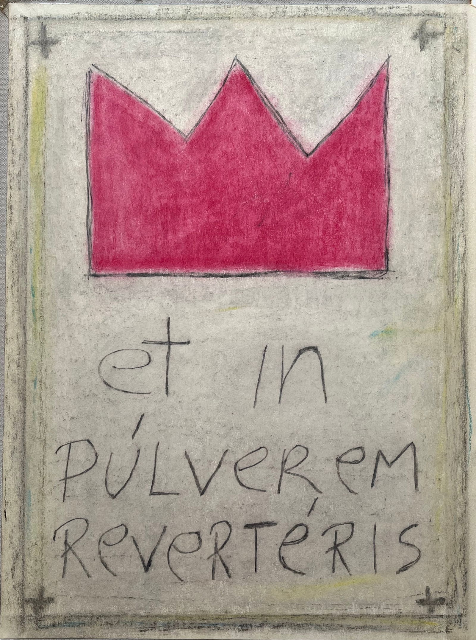 OIL STICK ON BOARD BASQUIAT STYLE LATIN QUOTE "ET IN PULVEREM REVERTERIS": OUTSIDER ART OIL STICK AND CHARCOAL ON VINTAGE BOOK COVER BASQUIAT STYLE. 12.2 X 9.5 INCHES APPROX. PAINTING IS UNFRAMED. ET IN PULVEREM REVERTERIS (UNTO DUST THOU SHALT RETURN). SHIPPING IN THE U.S