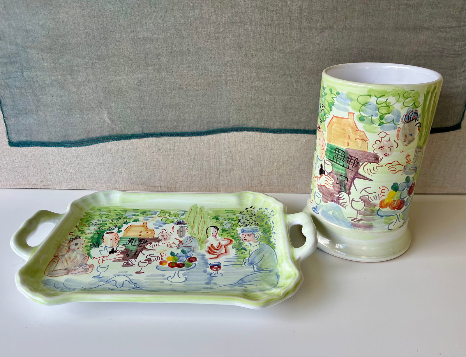 Raoul Dufy Deruta Italy Ceramic Vase / Wine Cooler And Tray: Tray is 14 X 8.5 inches Approx. Vase height 8 inches. Opening 4.5 inches. Shipping in The U.S via USPS Priority Mail $20