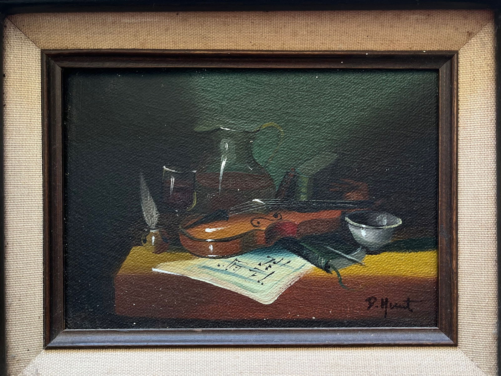 VINTAGE ORIGINAL OIL ON CANVAS STILL LIFE VIOLIN: FRAMED OIL SMALL PAINTING. SIGNED LOWER RIGHT UNINTELLIGIBLE. FRAME: 15 X 13 INCHES APPROX. PAINTING 5 X 7 IN APPROX. SHIPPING IN THE U.S $20