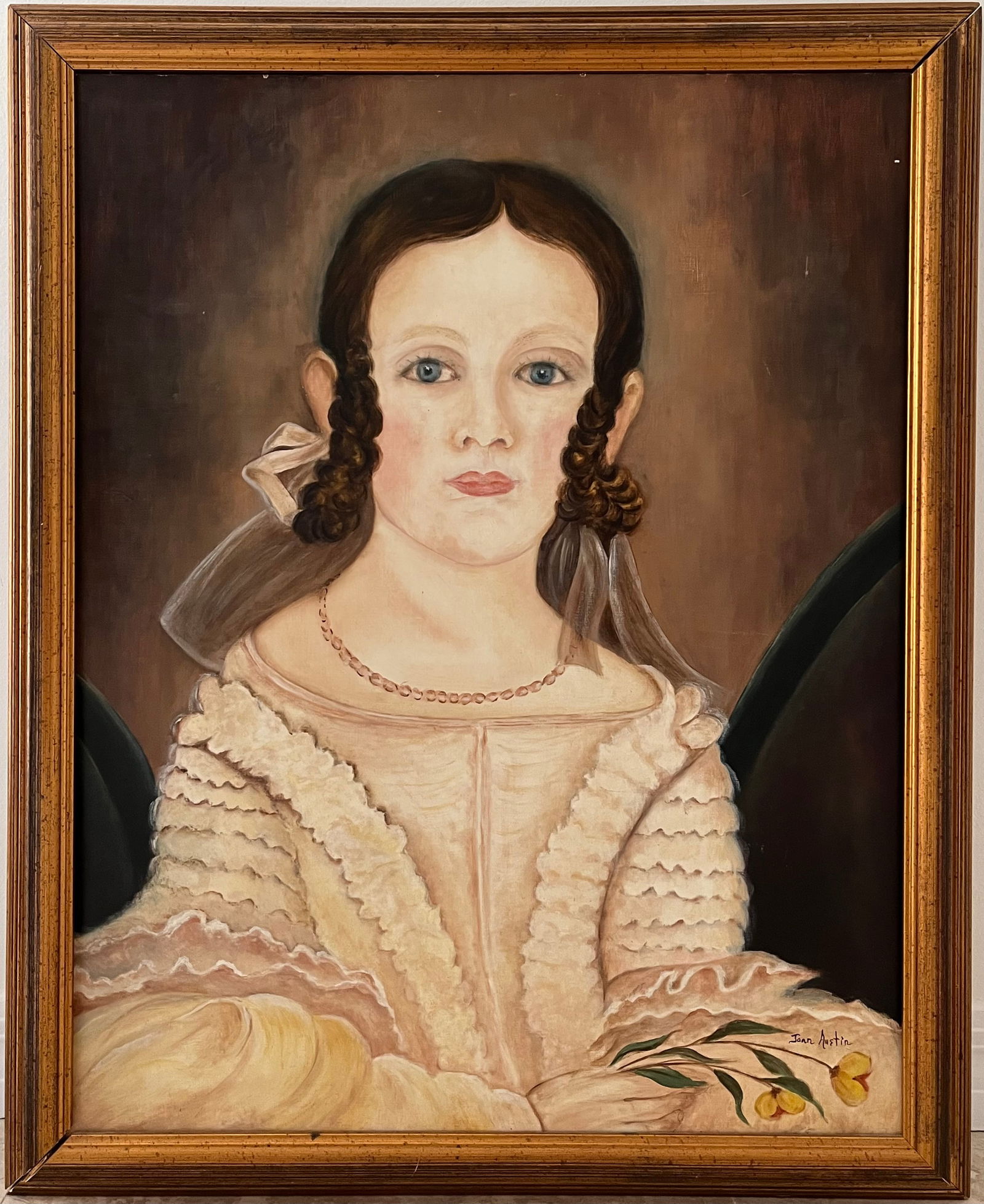 AMERICAN FOLK ART ORIGINAL OIL PAINTING JOAN AUSTIN: ORIGINAL OIL ON MASONITE PANEL. SIGNED LOWER RIGHT. PAINTING SIZE: 26X20 INCHES APPROX. FRAME SIZE: 29.5X24 INCHES APPROX. SHIPPING IN THE U.S VIA FEDEX $150