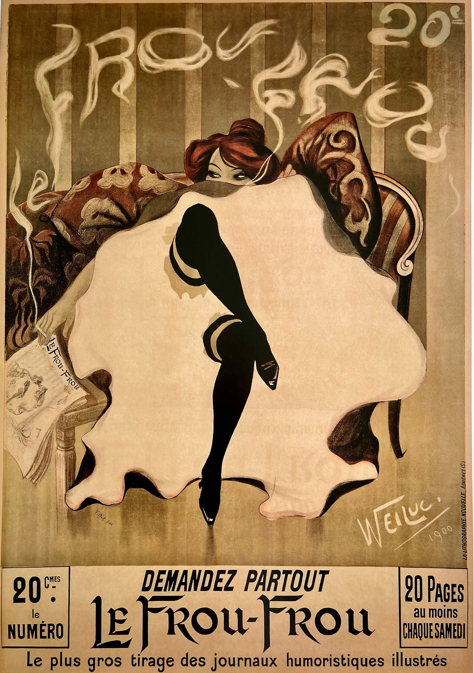 Lucien Henri Weil " WEILUC" Le Frou Frou French Vintage Poster, Wall Art 1990s: A fine vintage reproduction of Le Frou Frou French poster originally created by WEILUC (Lucien-Henri Weil, 1873-1947). Le "Frou Frou", which in French means frilly or fancy, was made in 1900 and is