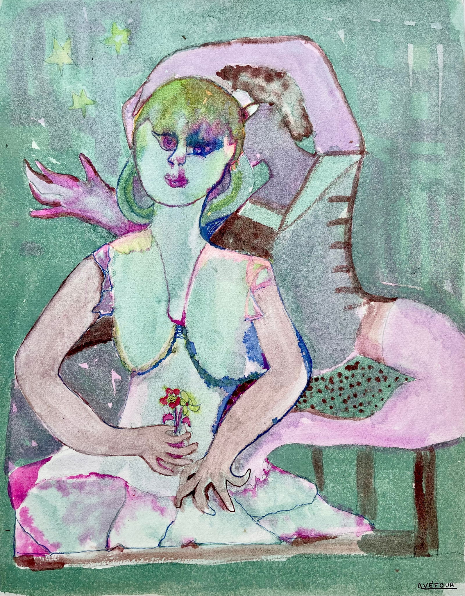 FRENCH SURREALIST WATERCOLOR NADINE BOERI-VEFOUR: ORIGINAL WATERCOLOR SIZE: 13.5 X 10.5 INCHES APPROX. UNFRAMED. SHIPPING IN THE U.S VIA USPS PRIORITY MAIL $15