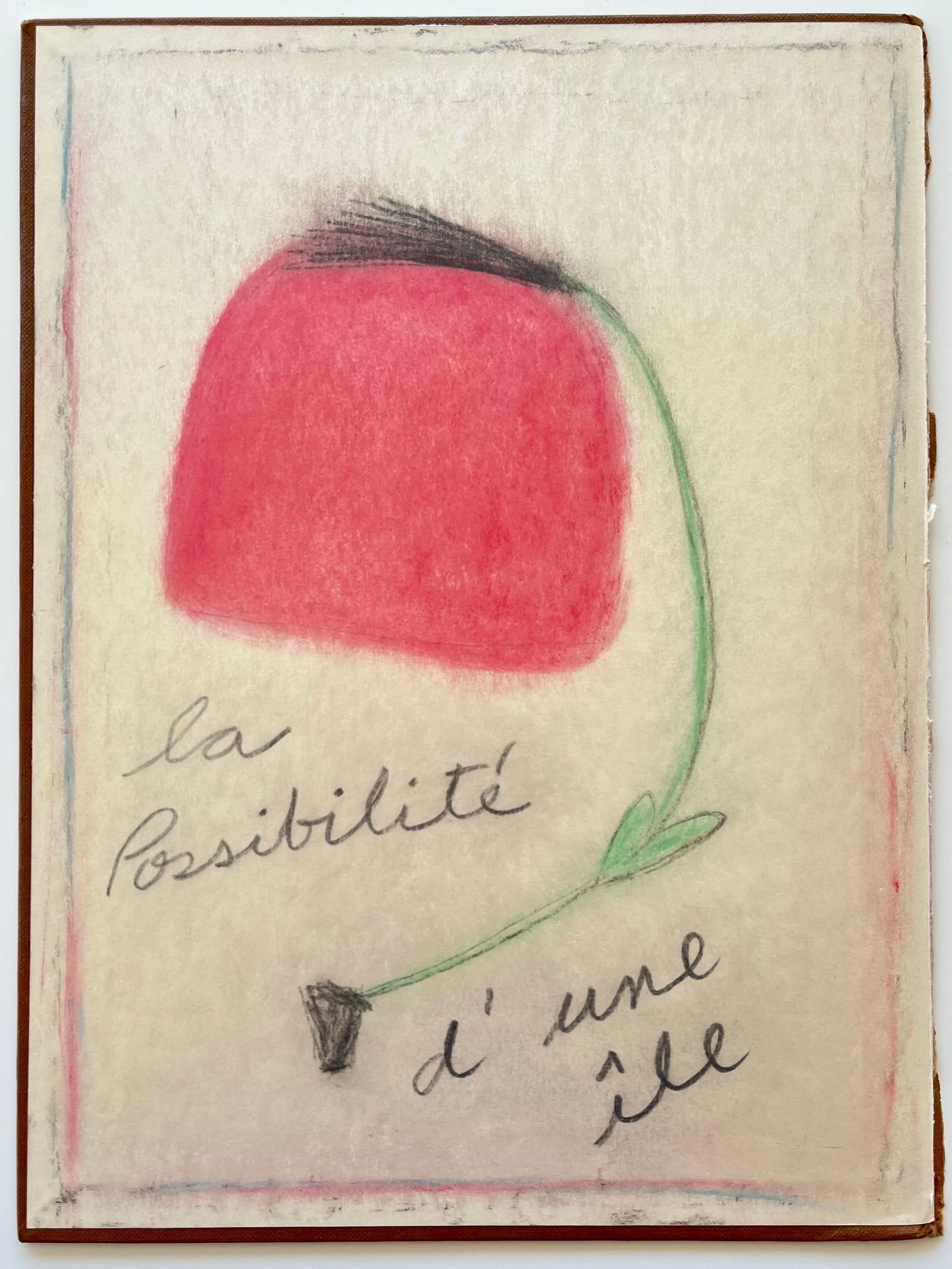 NAIVE ORIGINAL PAINTING LA POSSIBILITE D' UNE ILE: OUTSIDER ART OIL STICK AND CHARCOAL ON VINTAGE BOOK COVER. 12.2 X 9.5 INCHES APPROX. PAINTING IS UNFRAMED. SHIPPING IN THE U.S VIA USPS PRIORITY MAIL $20