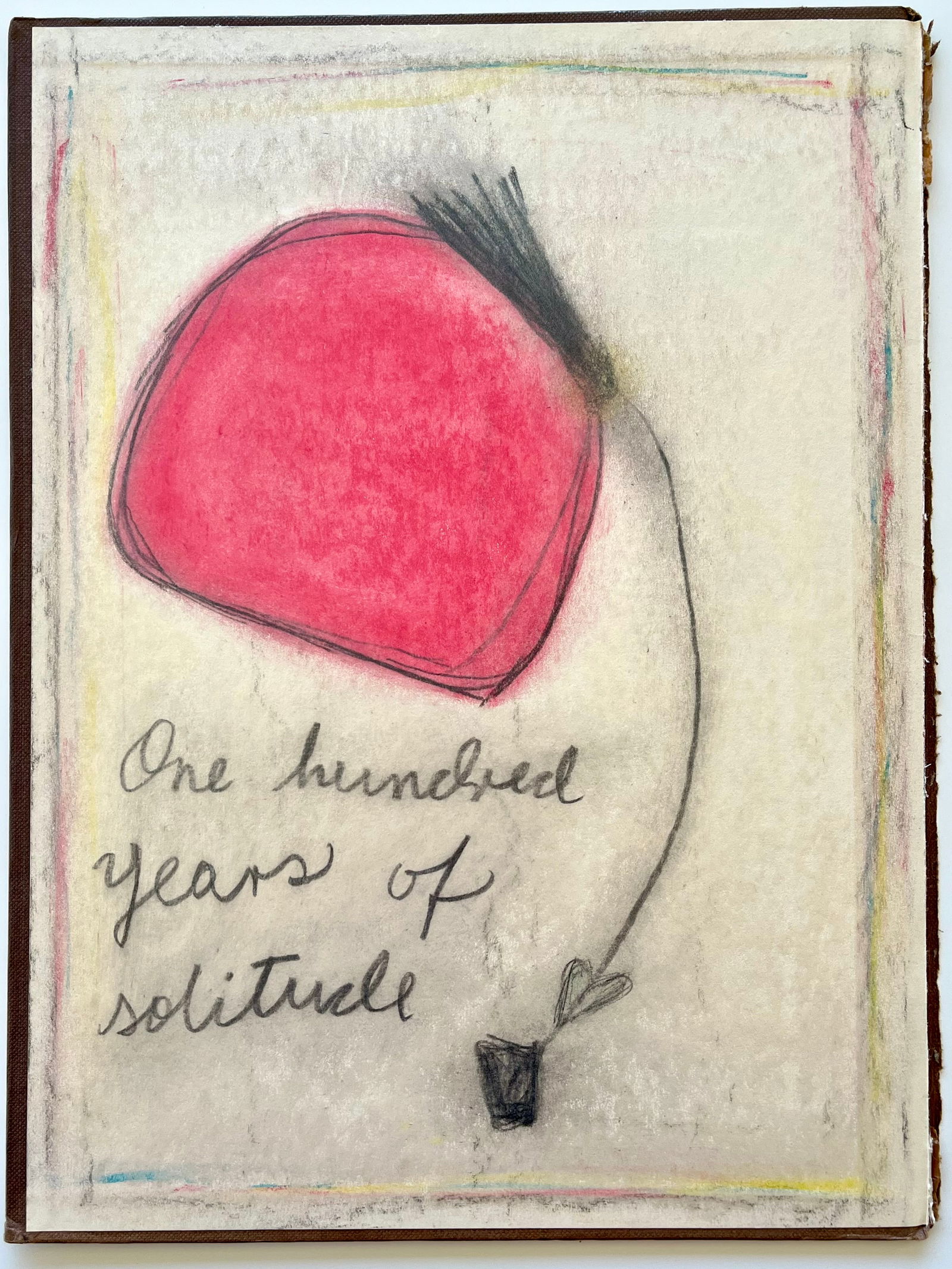 NAIVE ORIGINAL PAINTING ONE HUNDRED YEARS OF SOLITUDE: OUTSIDER ART OIL STICK AND CHARCOAL ON VINTAGE BOOK COVER. 12.2 X 9.5 INCHES APPROX. PAINTING IS UNFRAMED. SHIPPING IN THE U.S VIA USPS PRIORITY MAIL $20