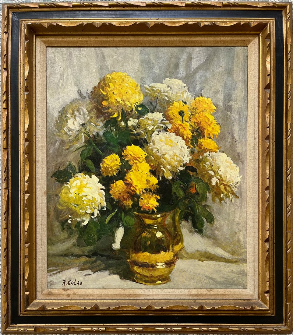 RUDOLPH COLAO FLORAL STILL LIFE YELLOW FLOWERS: VINTAGE PAINTING SIGNED R COLAO. TOTAL FRAME SIZE: 28 X 32 INCHES APPROX. SHIPPING VIA USPS PRIORITY MAIL $80