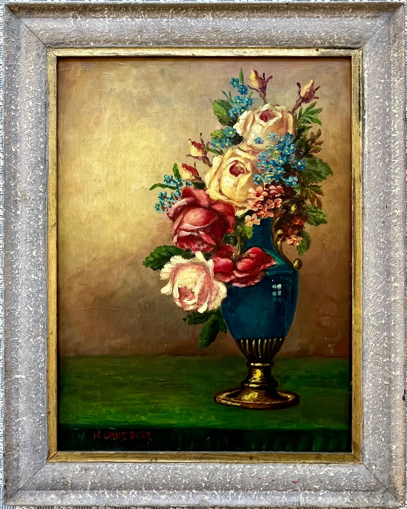 ANTIQUE FOLK ART OIL ON CANVAS VASE OF FLOWERS: SIGNED "CRUZ DIAZ" LOWER LEFT. TOTAL FRAME SIZE: 19.5 X 24.5, SHIPPING IN THE U.S VIA USPS PRIORITY MAIL $50