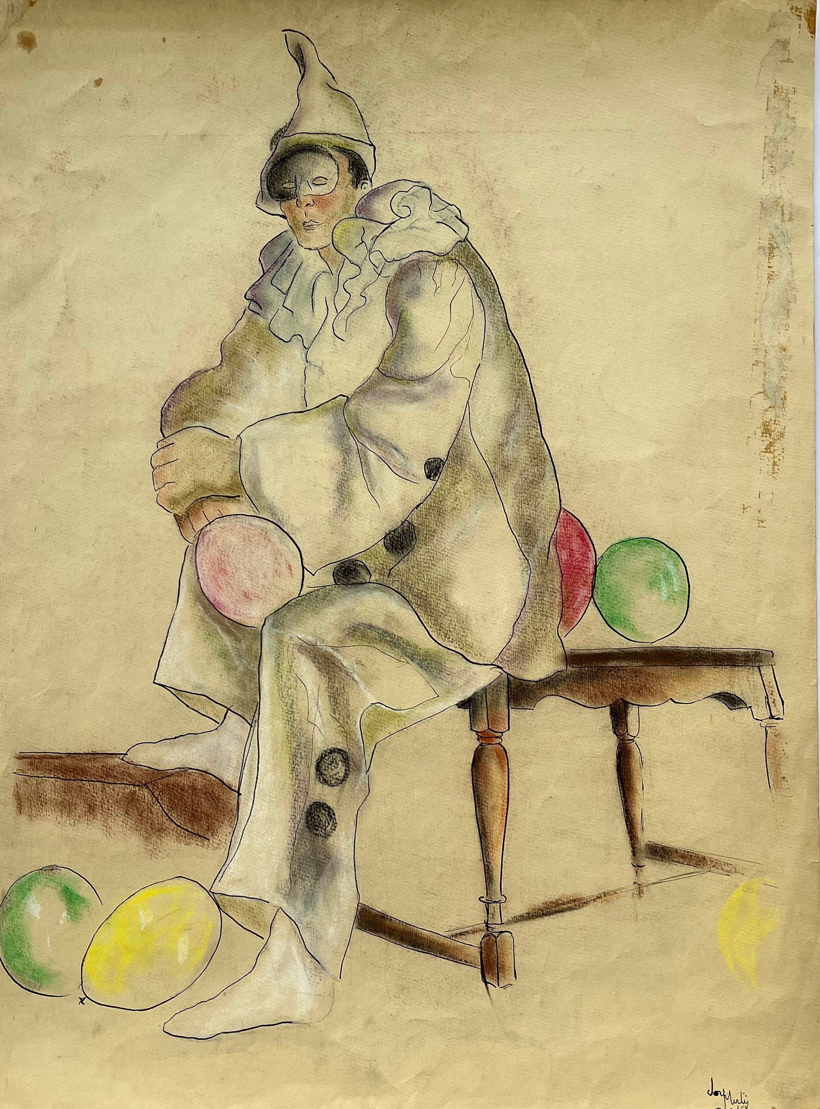 ORIGINAL MID-CENTURY DRAWING CLOWN: ORIGINAL DRAWING PASTEL AND INK. SIGNED LOWER RIGHT 1958 SIZE: 18X24 INCHES APPROX. UNFRAMED. SHIPPING IN THE U.S VIA USPS PRIORITY MAIL $25