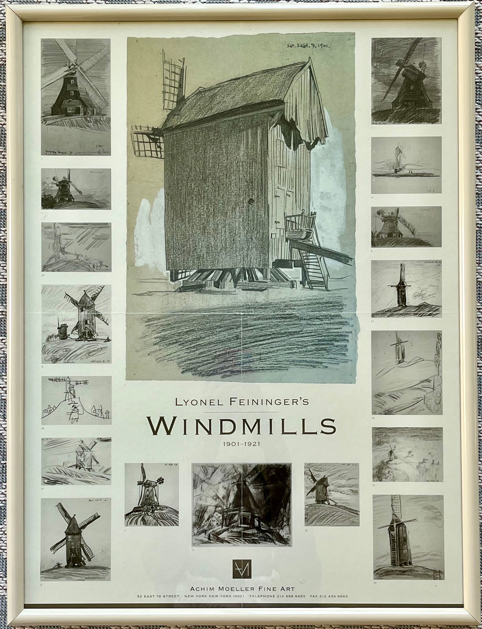 LYONEL FEININGER FRAMED VINTAGE POSTER "WINDMILLS": LYONEL FEININGER FRAMED POSTER. TOTAL FRAME SIZE: 18.5 X 24 .5 INCHES APPROX. SHIPPING IN THE U.S VIA USPS PRIORITY MAIL $40.