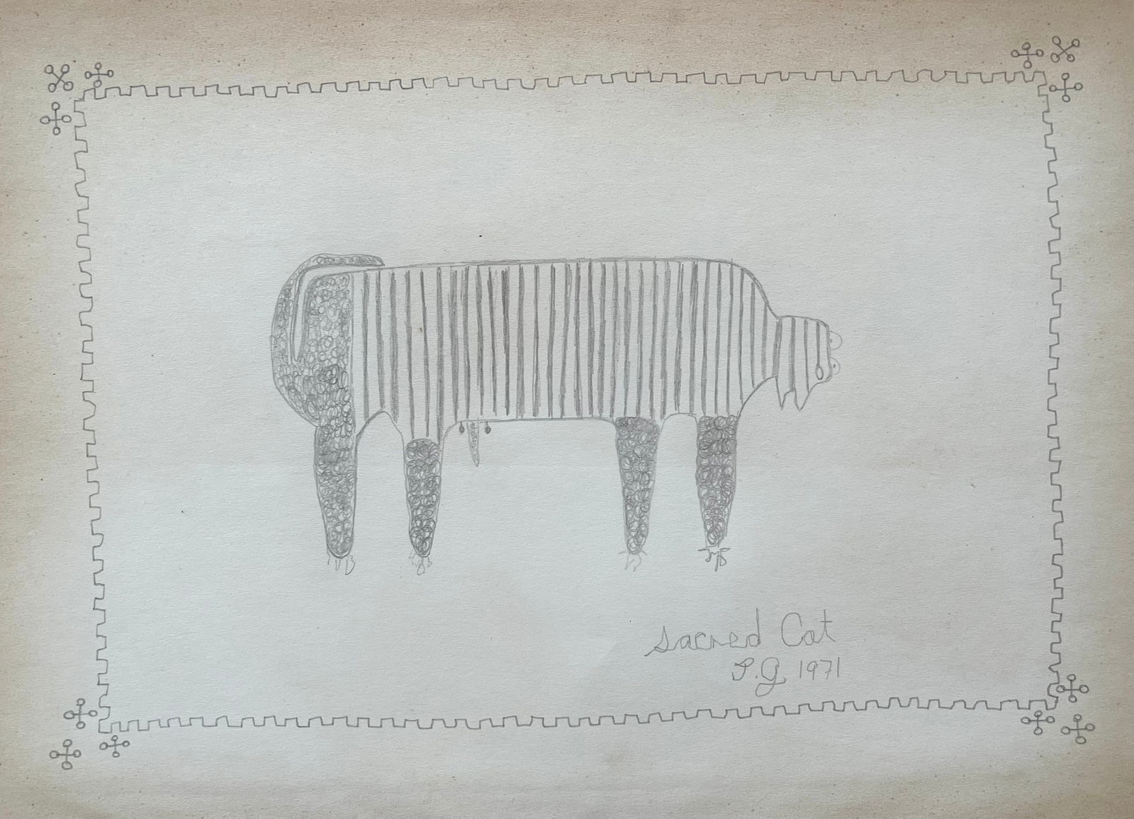 FOLK ART GRAPHITE ON PAPER DRAWING "SACRED CAT": SIZE: 13 X 9.5 INCHES APPROX. DRAWING IS UNFRAMED. SHIPPING IN THE U.S VIA USPS PRIORITY MAIL $18