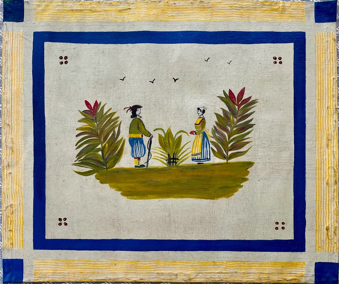 FOLK ART PAINTING AFTER HENRIOT QUIMPER LADY CLARE: OIL ON CANVAS PANEL FOLK ART PAINTING AFTER HENRIOT QUIMPER LADY CLARE SIZE: 33.5 X 28 INCHES APPROX. UNSTRETCHED. Shipping In the U.S Via USPS Priority Mail $30