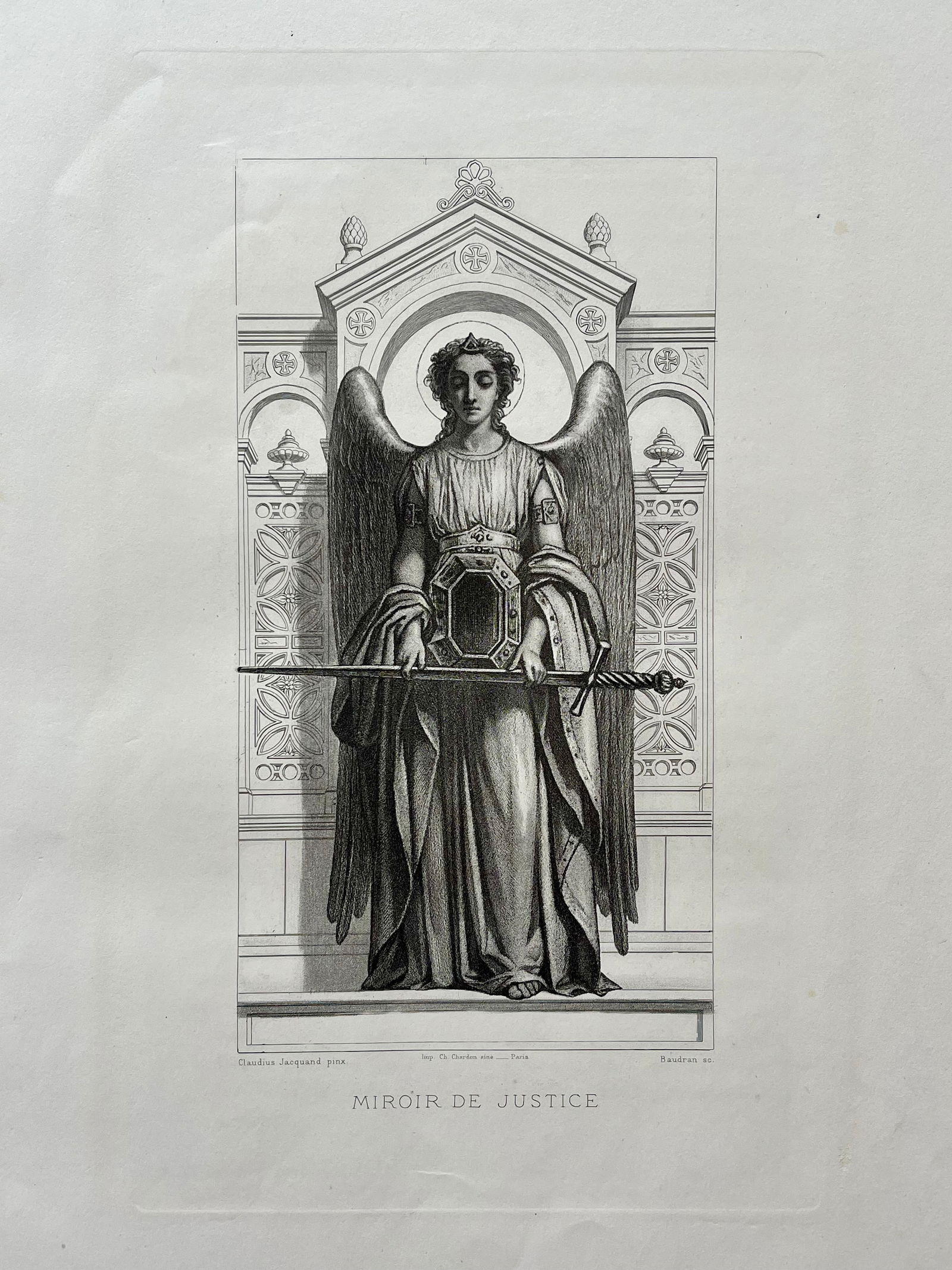 Antique French Religious Etching After Claudius Jacquand Angel Mirror Of Justice: Original Antique Etching. Printed in France. Thick paper. Size: 18.5 X 12 inches approx. UNFRAMED. Age toning, foxing, edge roughness, refer to pictures for details. SHIPPING IN THE U.S VIA USPS PRIOR