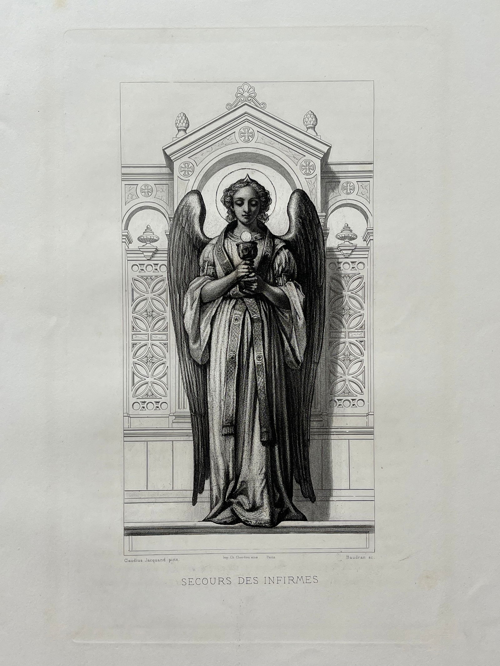 Antique French Religious Etching After Claudius Jacquand Angel Relief of the Infirm (1 of 2)