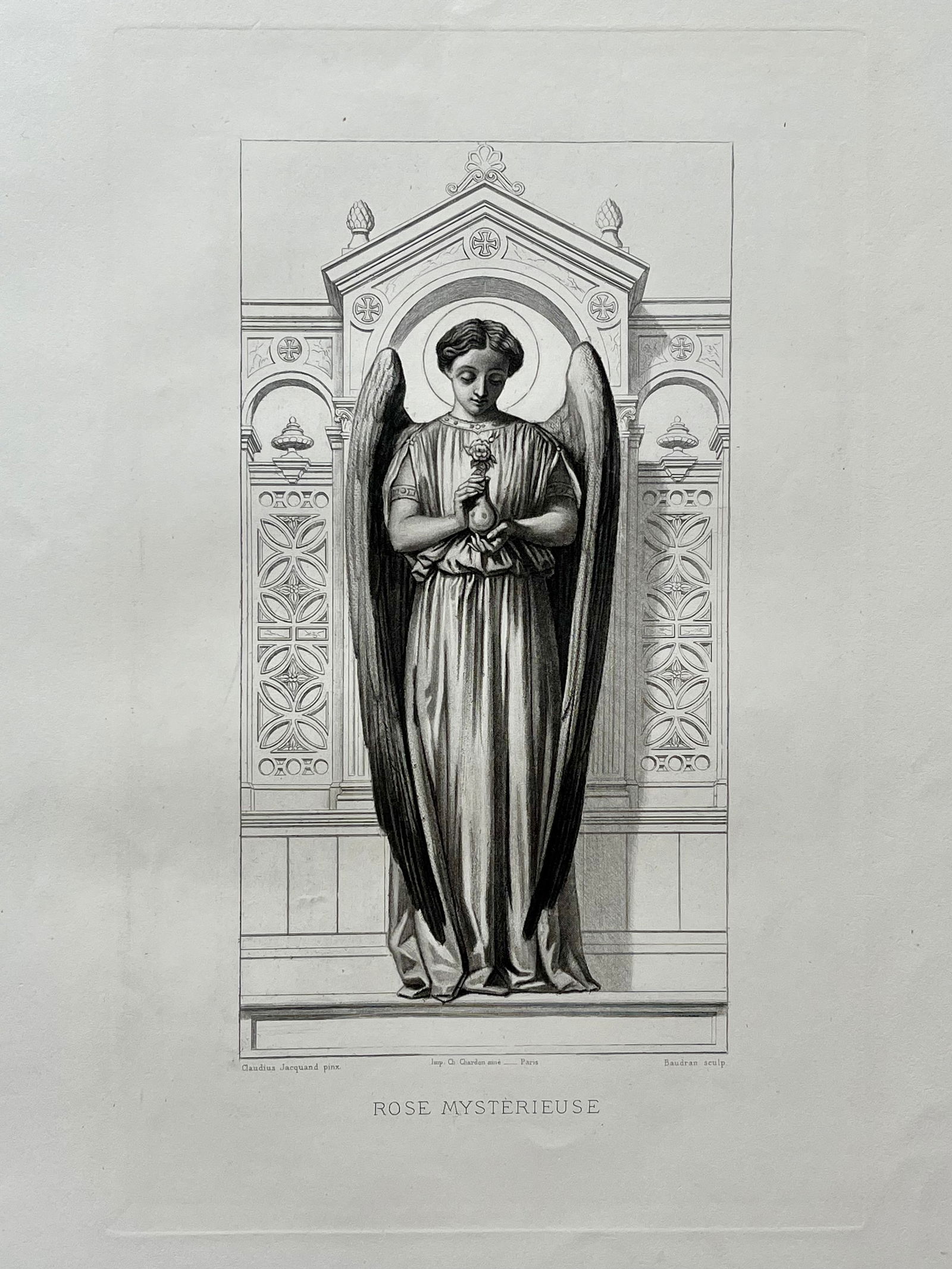 Antique French Religious Etching After Claudius Jacquand Angel Mysterious Rose (1 of 2)