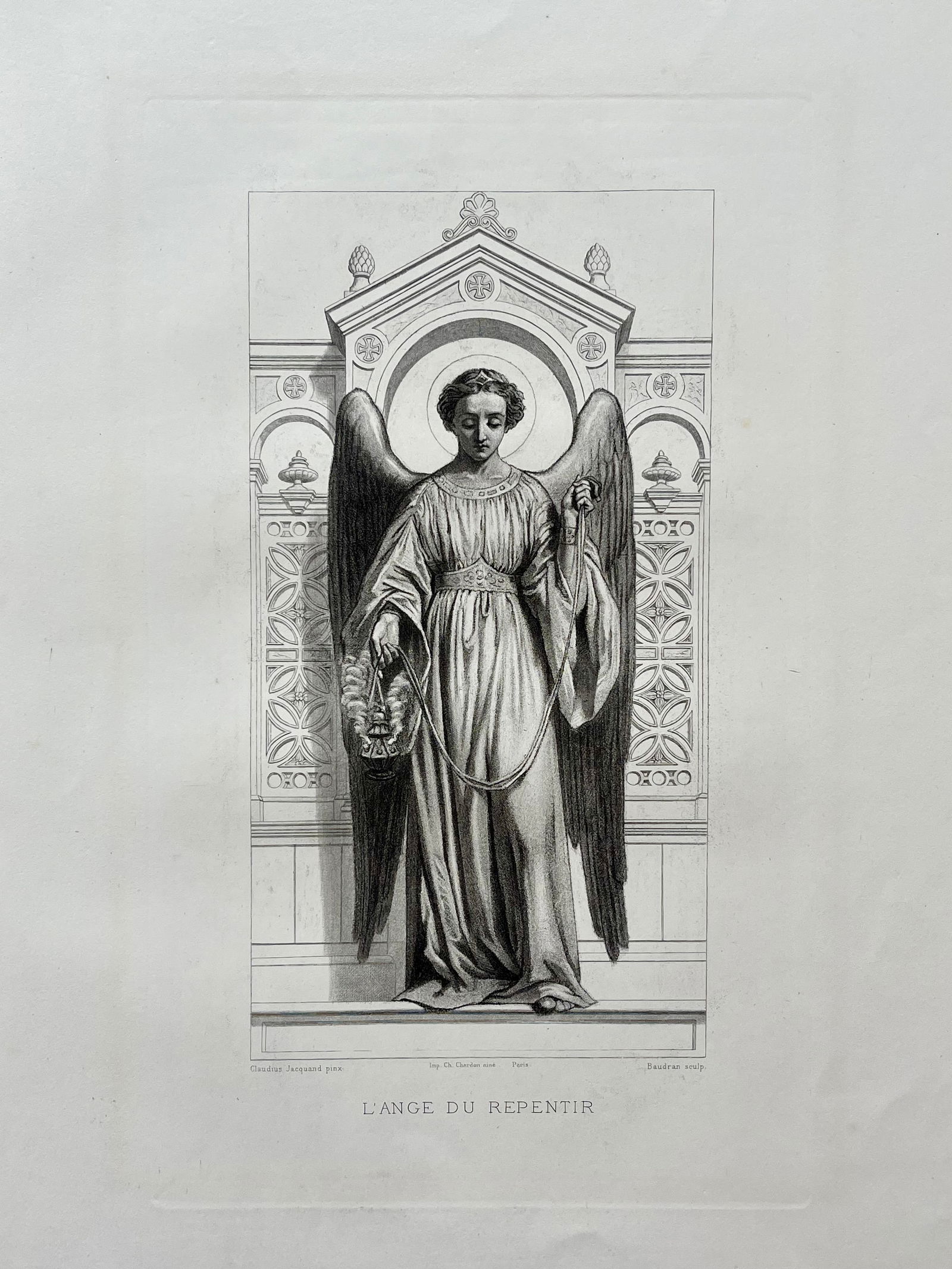 Antique French Religious Etching After Claudius Jacquand Angel of Repentance: Original Antique Etching. Printed in France. Thick paper. Size: 18.5 X 12 inches approx. UNFRAMED. Age toning, foxing, edge roughness, refer to pictures for details. SHIPPING IN THE U.S VIA USPS PRIOR