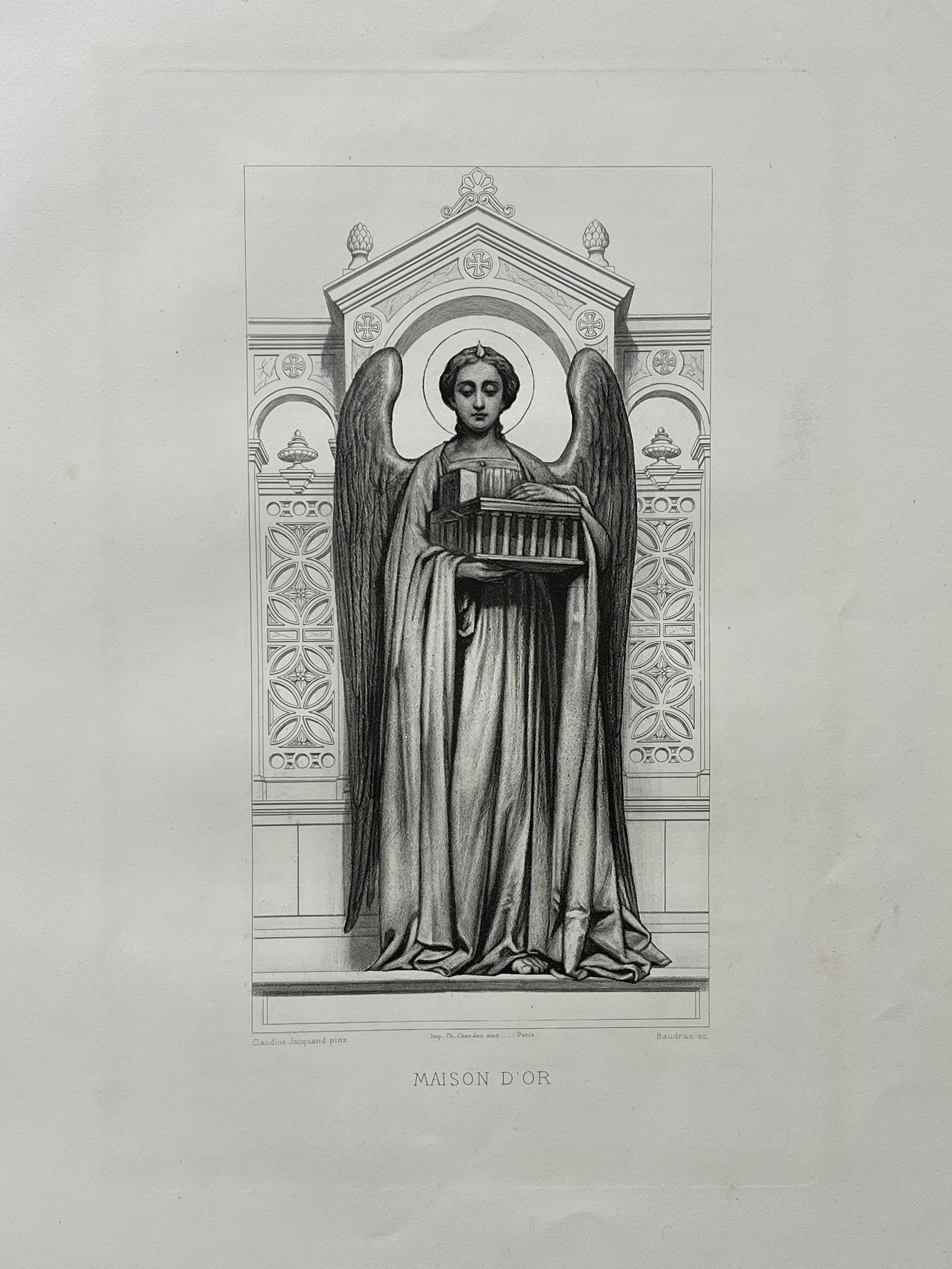 Antique French Religious Etching After Claudius Jacquand Angel Golden House: Original Antique Etching. Printed in France. Thick paper. Size: 18.5 X 12 inches approx. UNFRAMED. Age toning, foxing, edge roughness, refer to pictures for details. SHIPPING IN THE U.S VIA USPS PRIOR