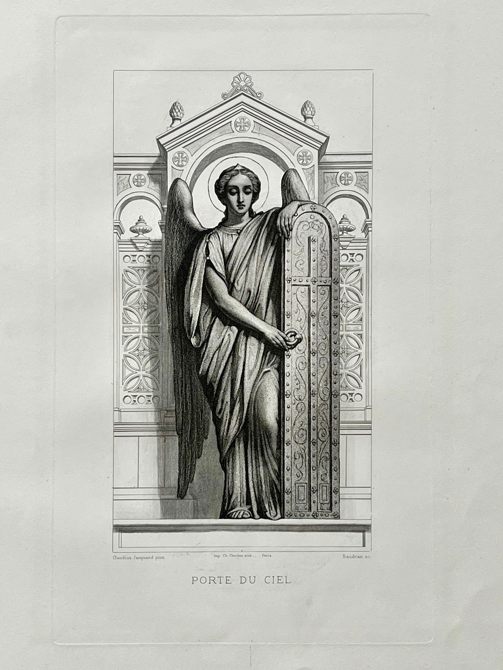 Antique French Religious Etching After Claudius Jacquand Angel Sky Gate: Original Antique Etching. Printed in France. Thick paper. Size: 18.5 X 12 inches approx. UNFRAMED. Age toning, foxing, edge roughness, refer to pictures for details. SHIPPING IN THE U.S VIA USPS PRIOR