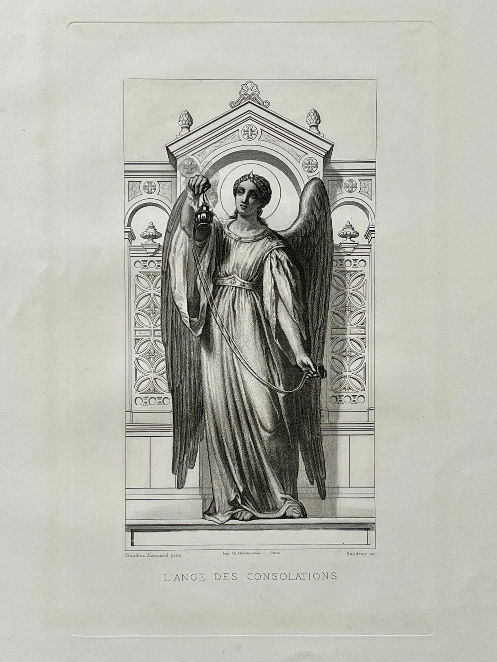 Antique French Religious Etching After Claudius Jacquand Angel of Consolation: Original Antique Etching. Printed in France. Thick paper. Size: 18.5 X 12 inches approx. UNFRAMED. Age toning, foxing, edge roughness, refer to pictures for details. SHIPPING IN THE U.S VIA USPS PRIOR
