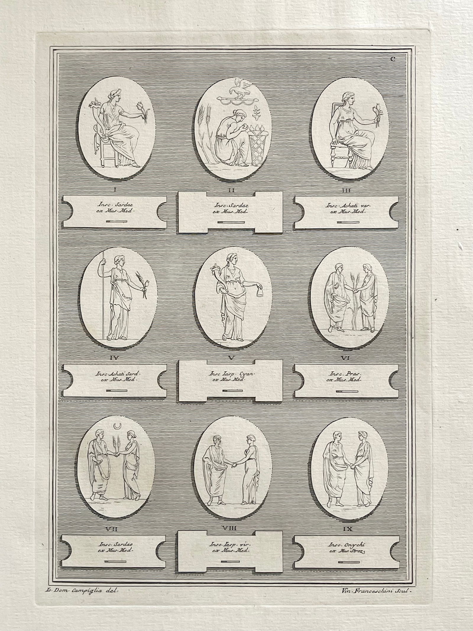 ANTIQUE NEOCLASSICAL ETCHING OF ROMAN CAMEOS: ANTIQUE ORIGINAL 18th Century ENGRAVING OF ROMAN MEDALLIONS. Laid paper. Engraving is Unframed. Size: 17.5 X 13.5 Inches Approx. SHIPPING IN THE U.S VIA USPS PRIORITY MAIL $18
