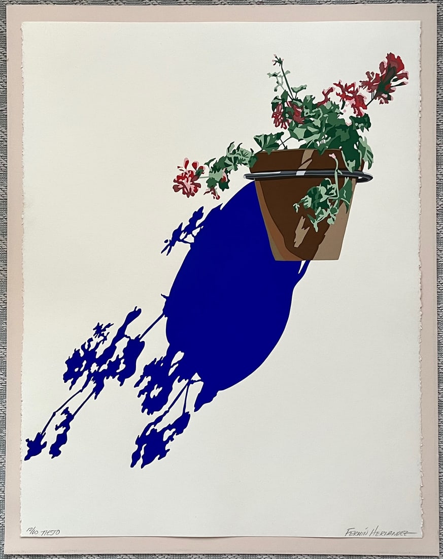 Fermin Hernandez Signed Serigraph 12/60 “Tiesto” Large Modernist Still Life: Original limited-edition serigraph by Fermín Hernández, hand-signed and numbered 12/60 in pencil.Large contemporary modernist composition featuring a graphic cobalt blue abstract form with a terraco