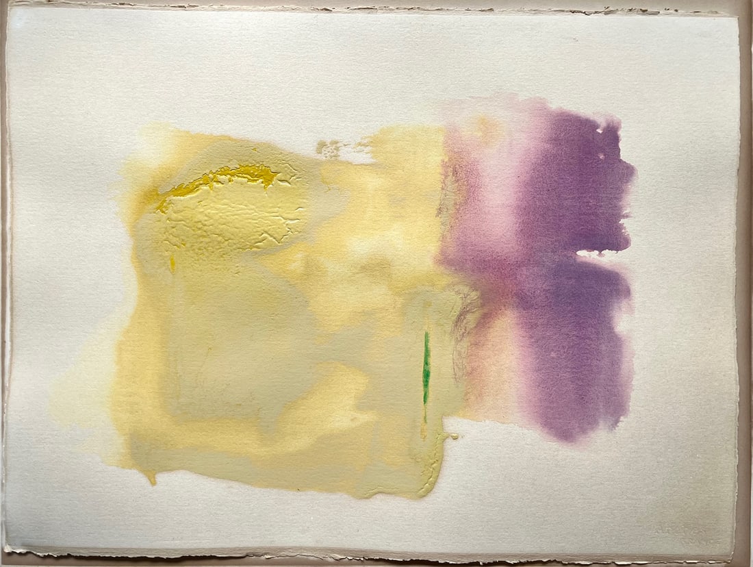 Vintage Color Field Abstract Painting on Arches Paper Helen Frankenthaler Style: Original Vintage abstract Color Field style painting on Arches paper, reminiscent of the work of Helen Frankenthaler. Soft washes of yellow and violet pigments with organic staining typical of mid-cen