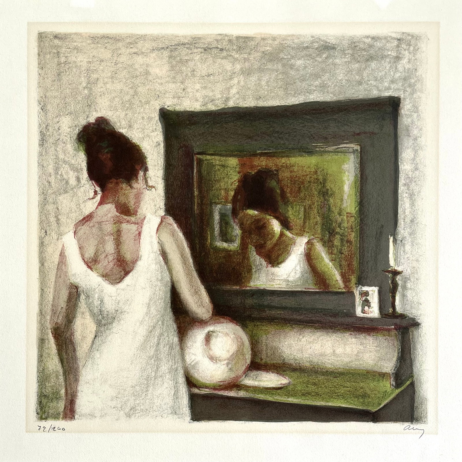 Vintage Lithograph – Woman at Mirror in White Dress – 20x20?? Unframed: Limited edition color lithograph by Spanish artist Cayetano de Arquer Buigas (1932–2012), renowned for his intimate figurative compositions. This piece, numbered 72/200 and hand-signed in pencil by 