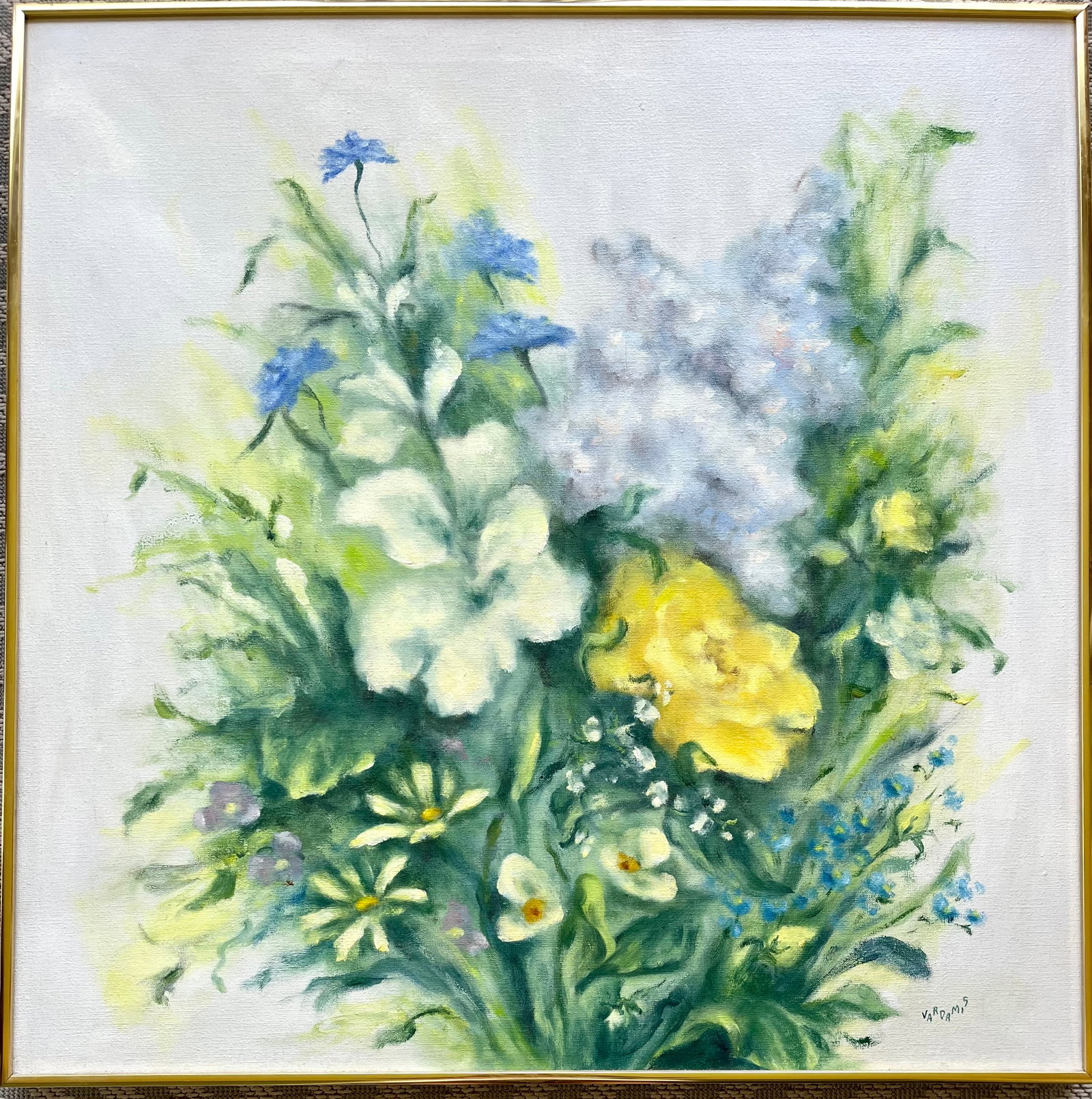 Original Vintage Oil Painting –Irises, Roses & Spring Flowers 30x30: Original oil painting on canvas signed lower right Vardamis. Size: 30 x 30 inches approx and is presented in a gold-tone lightweight metal frame. Painting is in very good vintage condition, very few s