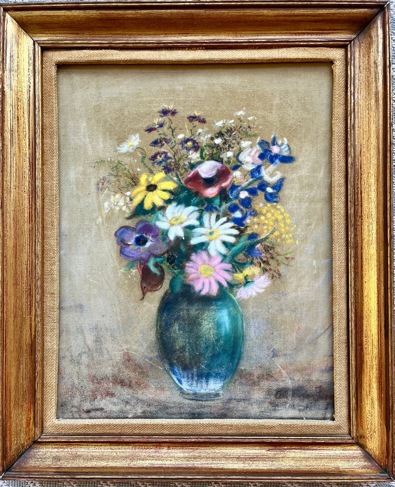 Antique Pastel on Velvet Floral Still Life Original Framed Artwork: Elegant antique pastel painting on velvet, likely dating from the early 1900s to 1920s. This delicately rendered floral still life features a lush bouquet of wildflowers in a green vase, executed in t