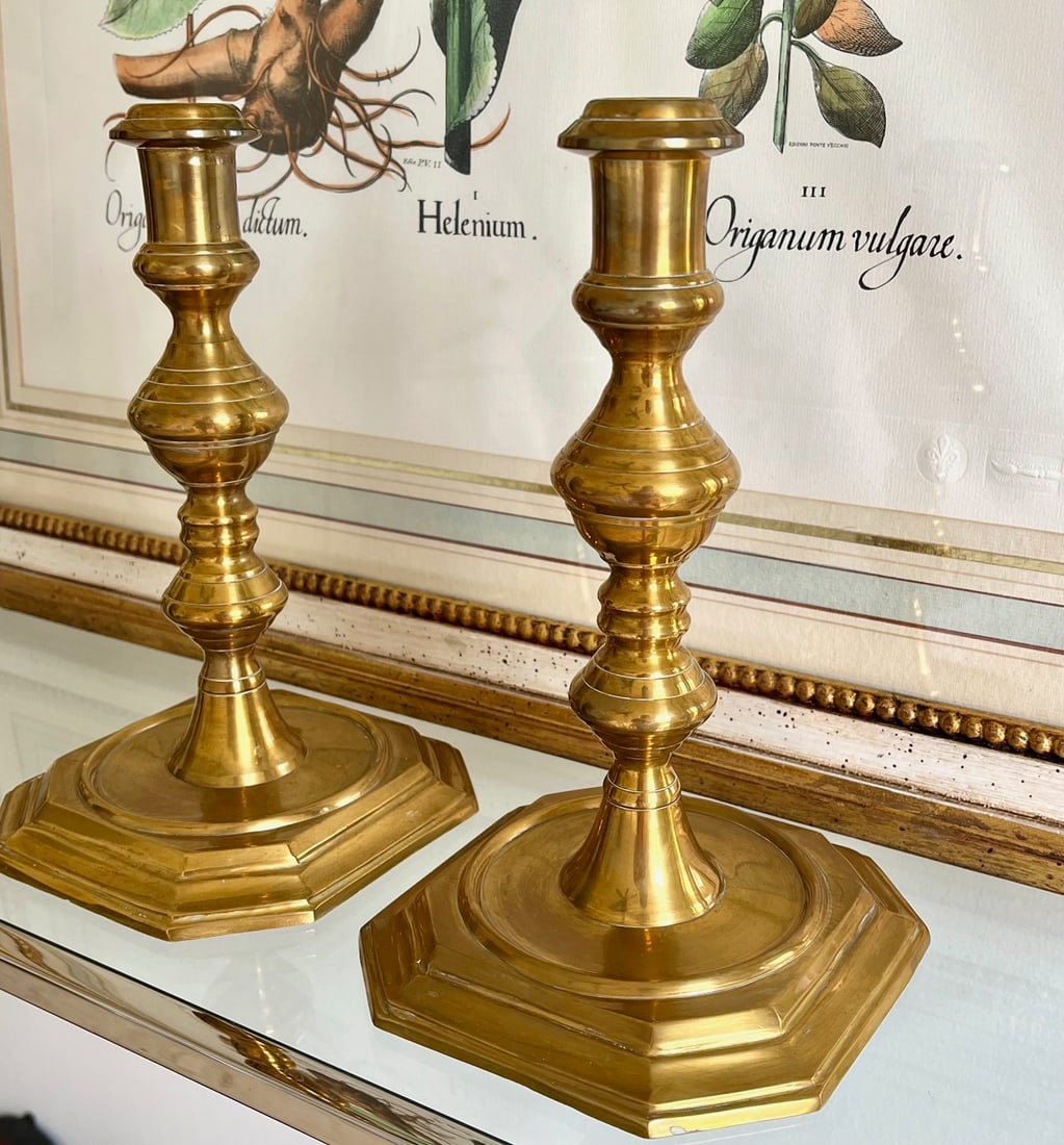 Antique Solid Brass Candlestick Holders Pair | Octagonal Base Colonial Revival - 2