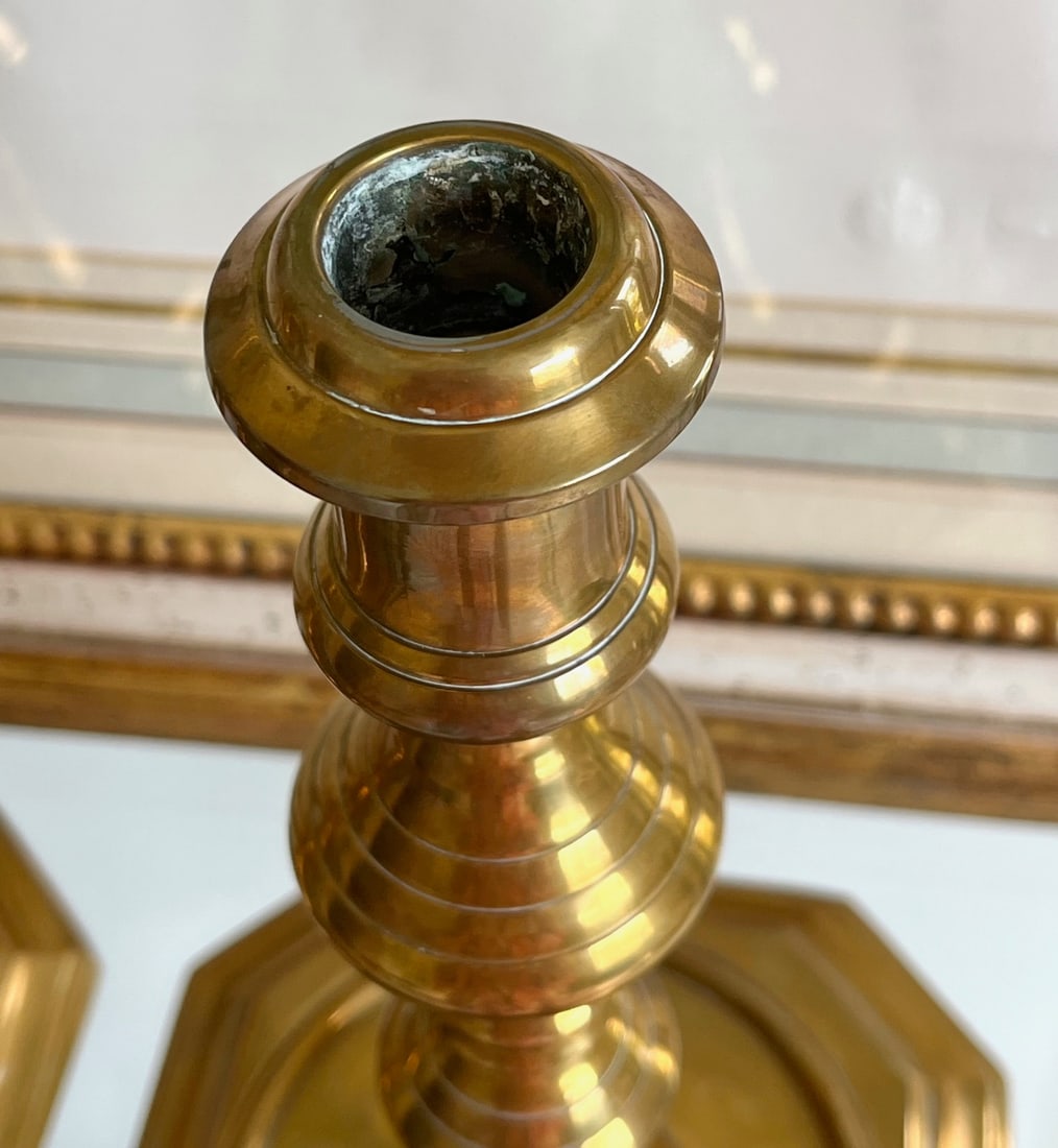 Antique Solid Brass Candlestick Holders Pair | Octagonal Base Colonial Revival - 3
