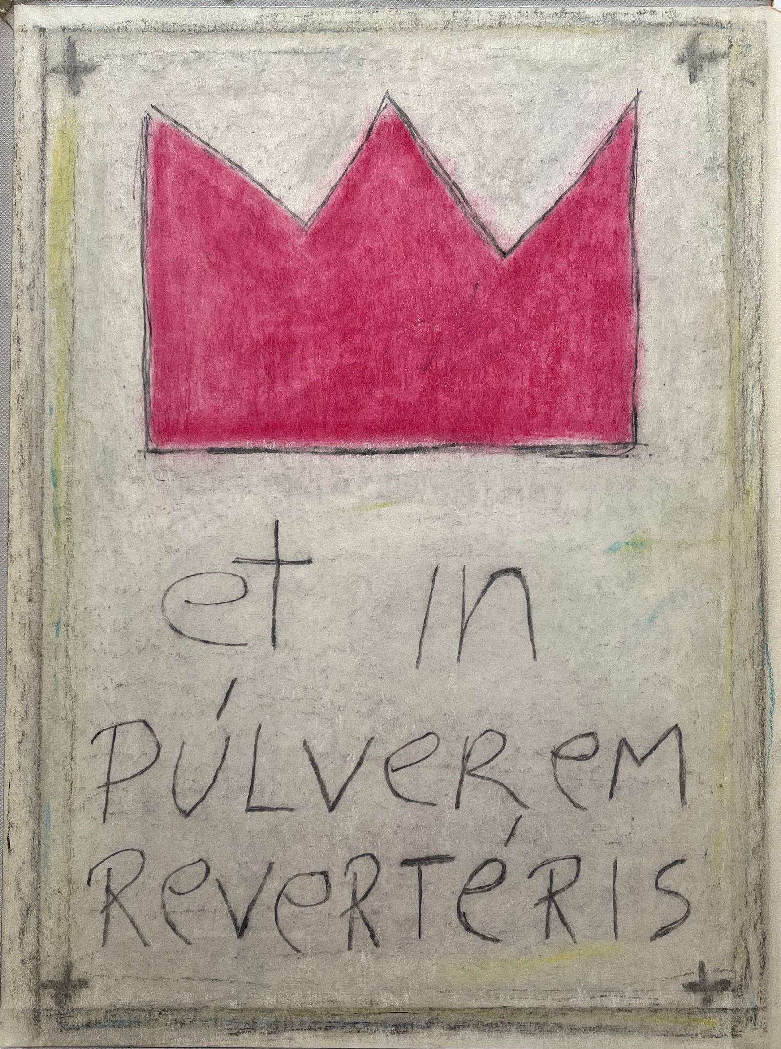 OIL STICK ON BOARD BASQUIAT STYLE LATIN QUOTE "ET IN PULVEREM REVERTERIS": OUTSIDER ART OIL STICK AND CHARCOAL ON VINTAGE BOOK COVER BASQUIAT STYLE. 12.2 X 9.5 INCHES APPROX. PAINTING IS UNFRAMED. ET IN PULVEREM REVERTERIS (UNTO DUST THOU SHALT RETURN). SHIPPING IN THE U.S V