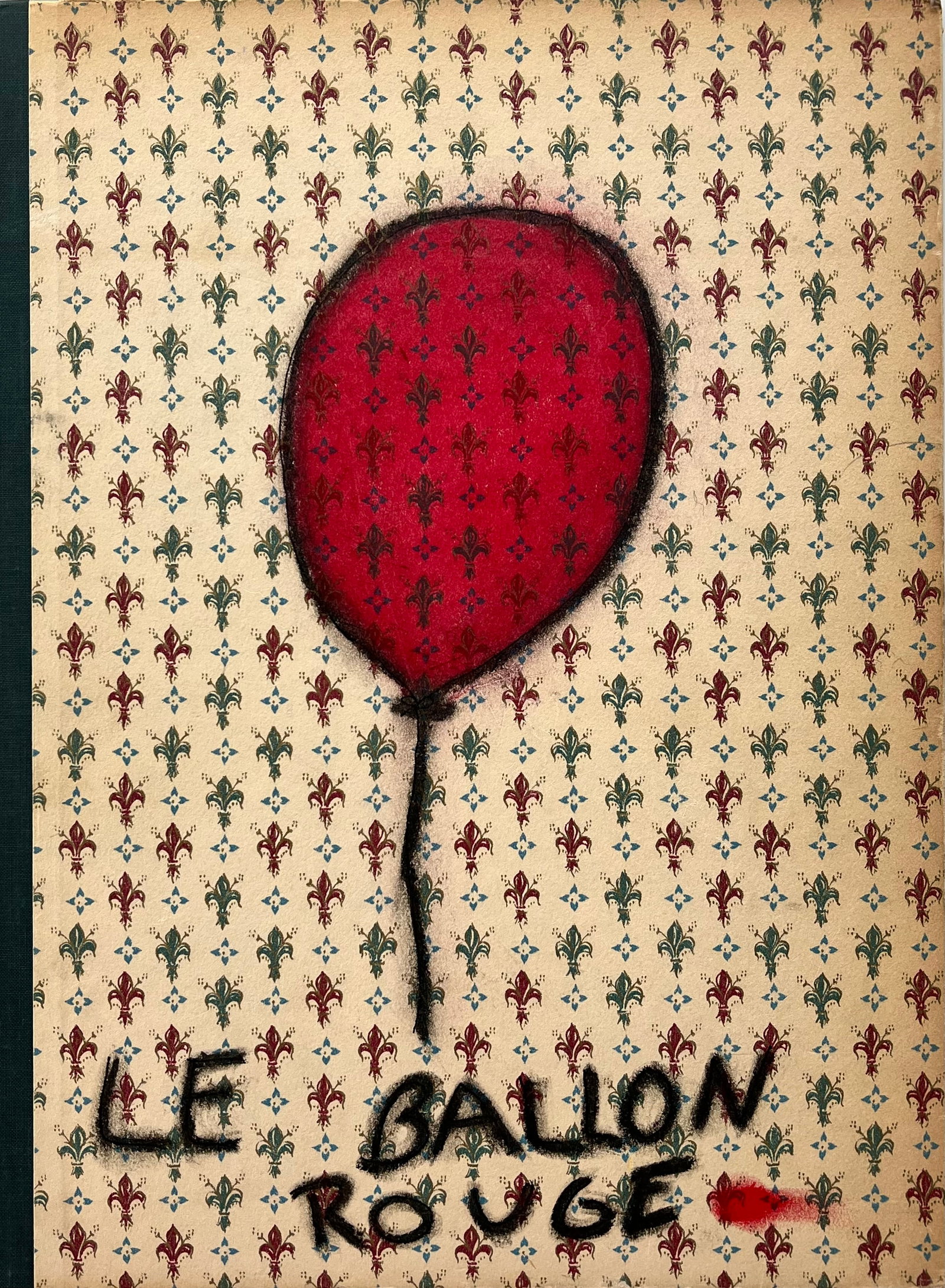 VINTAGE NAIVE DRAWING RED BALLOON: OIL PASTEL ON ANTIQUE BOOK COVER. SIZE: 9.5 X 13 INCHES APPROX. UNFRAMED. SHIPPING IN THE U.S $16