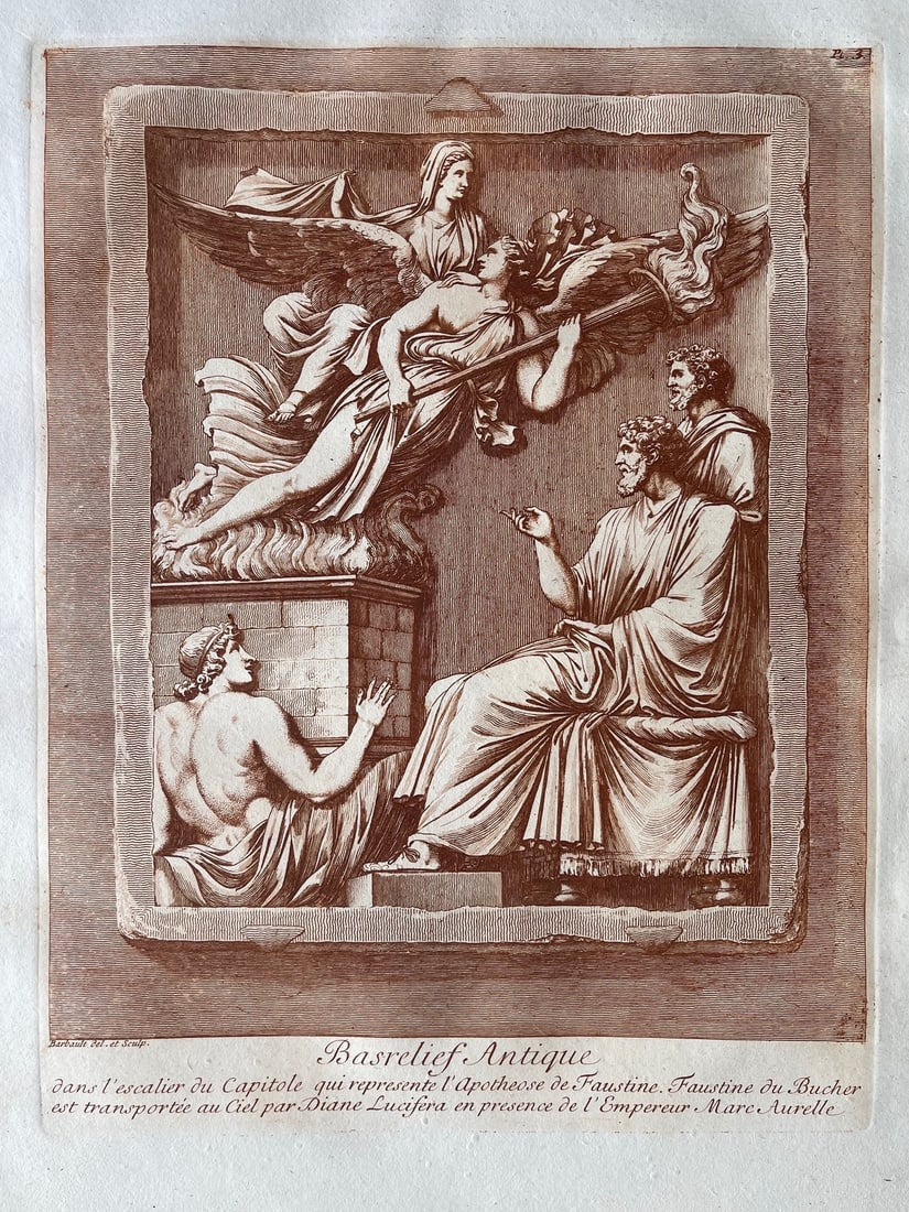 JEAN BARBAULT ANTIQUE SANGUINE ETCHING CA 1780 "MARCUS AURELIUS": VERY RARE JEAN BARBAULT ORIGINAL ANTIQUE SANGUINE ETCHING. PRINTED FRANCE CIRCA 1780. UNFRAMED. SHEET SIZE: 20X14 INCHES APPROX. SHIPPING IN THE U.S VIA USPS PRIORITY MAIL $25