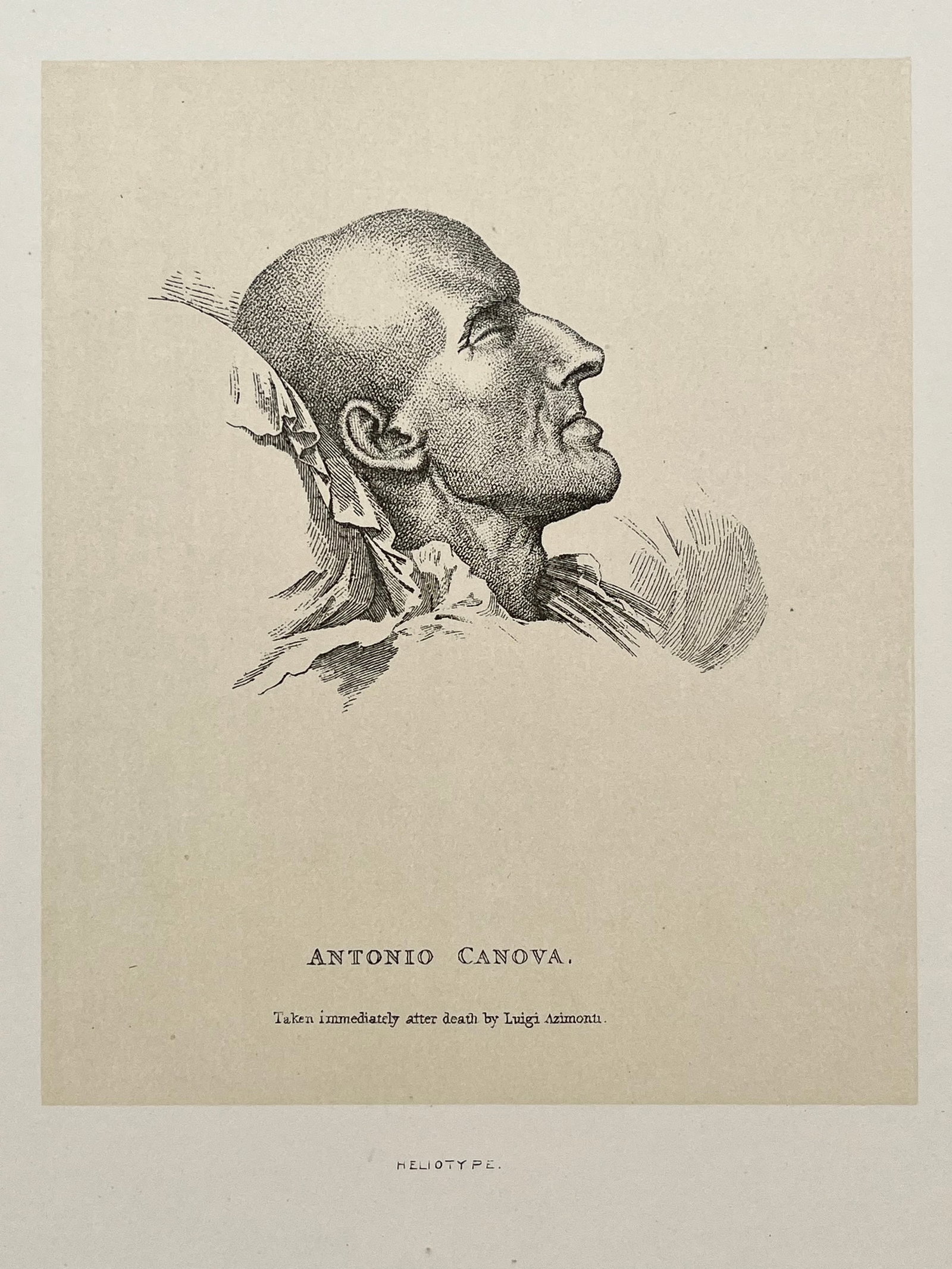 ANTIQUE PRINT AFTER LUIGI AZIMONTI ANTONIO CANOVA DEATH: ANTIQUE PRINT AFTER ANTONIO CANOVA. Print is sold Unframed. Size: 13.5 X 10.57 inches approx. Printed Circa 1876. SHIPPING IN THE U.S VIA USPS PRIORITY MAIL $15
