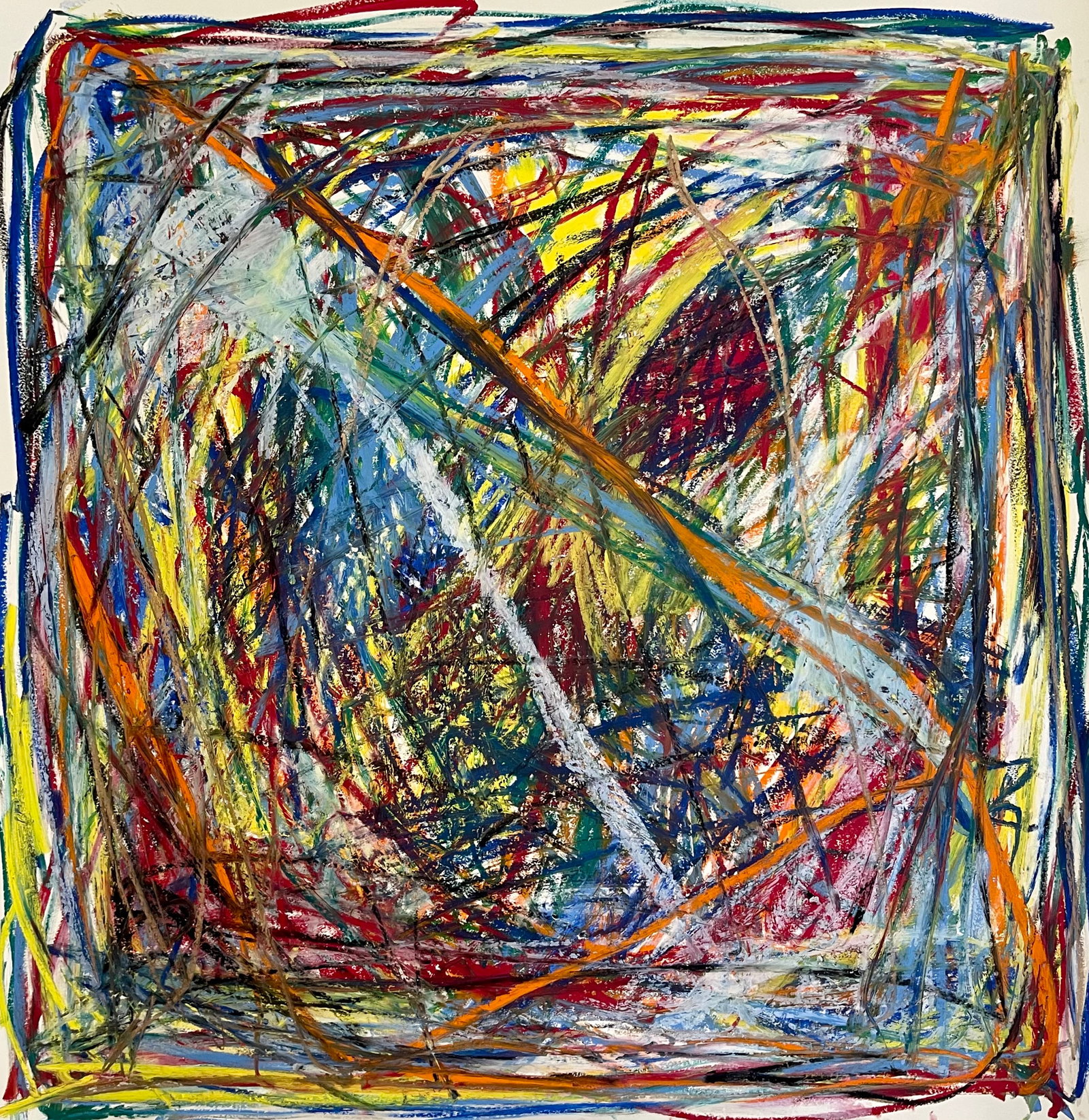 LARGE ABSTRACT AMERICAN OIL PASTEL ON PAPER PAINTING: OIL PASTEL ON PAPER PAINTING. 36X36 INCHES. UNFRAMED. COMES ROLLED IN A TUBE. SHIPPING IN THE U.S VIA USPS PRIORITY MAIL $30