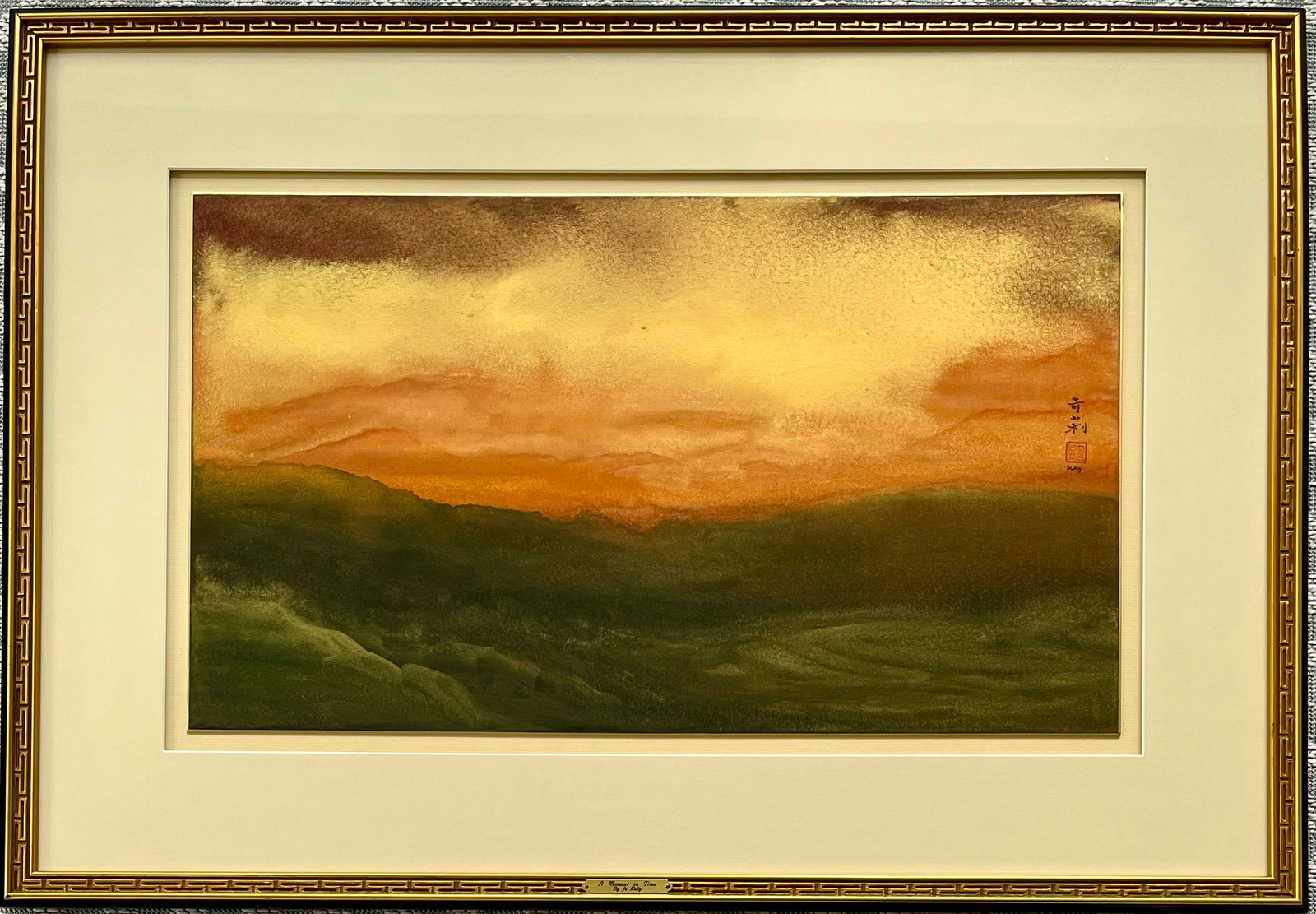 MID-CENTURY ORIGINAL WATERCOLOR JO KELLY "A MOMENT IN TIME": ORIGINAL FRAMED WATERCOLOR BY JO KELLY (New York, 20th-Century). FRAME SIZE: 25 X 36 INCHES APPROX. WATERCOLOR SIZE: 15 X 25.5 INCHES APPROX. FRAME IS WOOD AND PLEXIGLASS. SHIPPING IN THE U.S VIA USPS