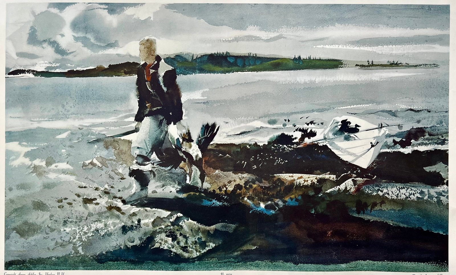 THE COOT HUNTER Color Collotype Print by ANDREW WYETH: VINTAGE COLLOTYPE PRINT. SIZE: 22.5X34 INCHES APPROX. UNFRAMED. COMES ROLLED IN A TUBE. SHIPPING IN THE U.S VIA USPS.PRIORITY MAIL $25