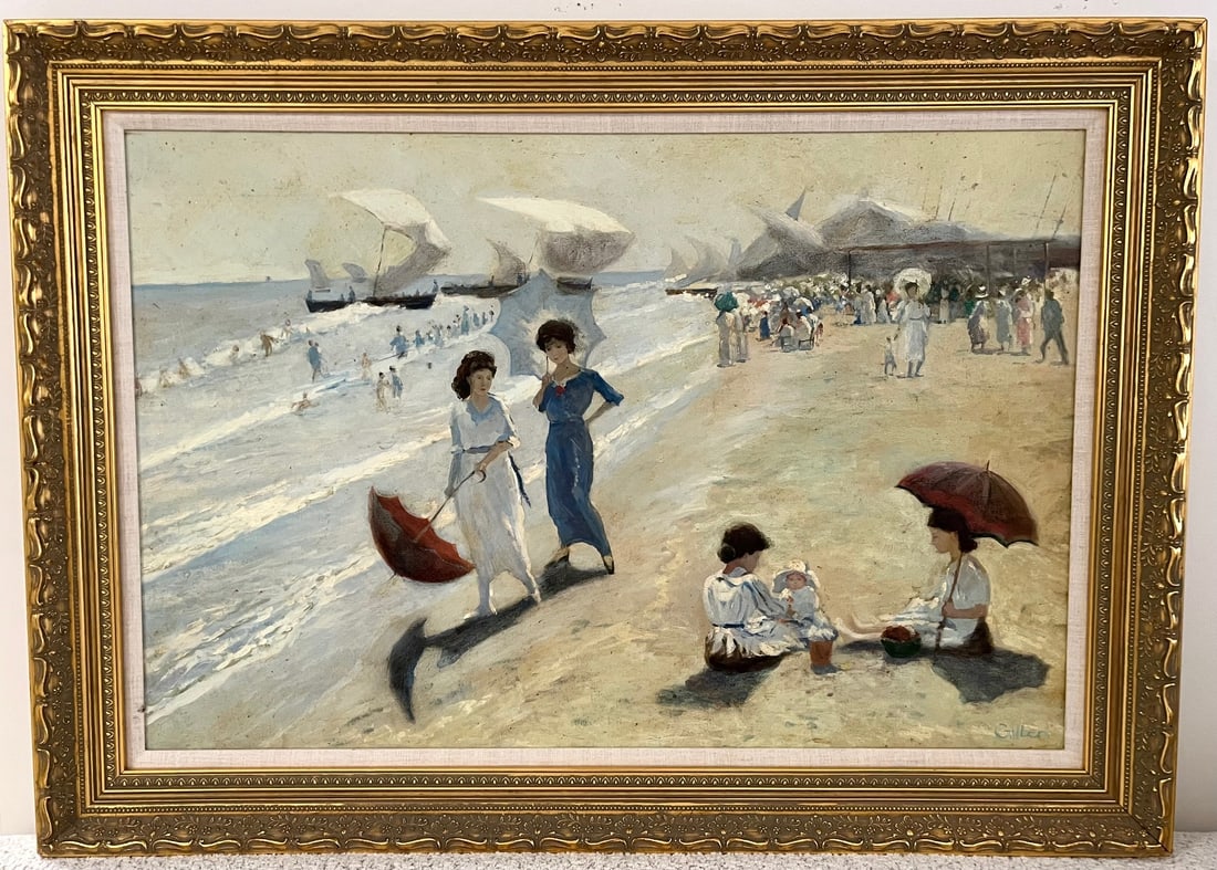 Large Vintage Impressionist Style Oil Painting Beach Scene Parasols: Large vintage oil painting depicting an elegant seaside promenade scene with figures and parasols in an impressionist style. Beautiful soft palette and lively brushwork evoke a French Riviera atmosphe