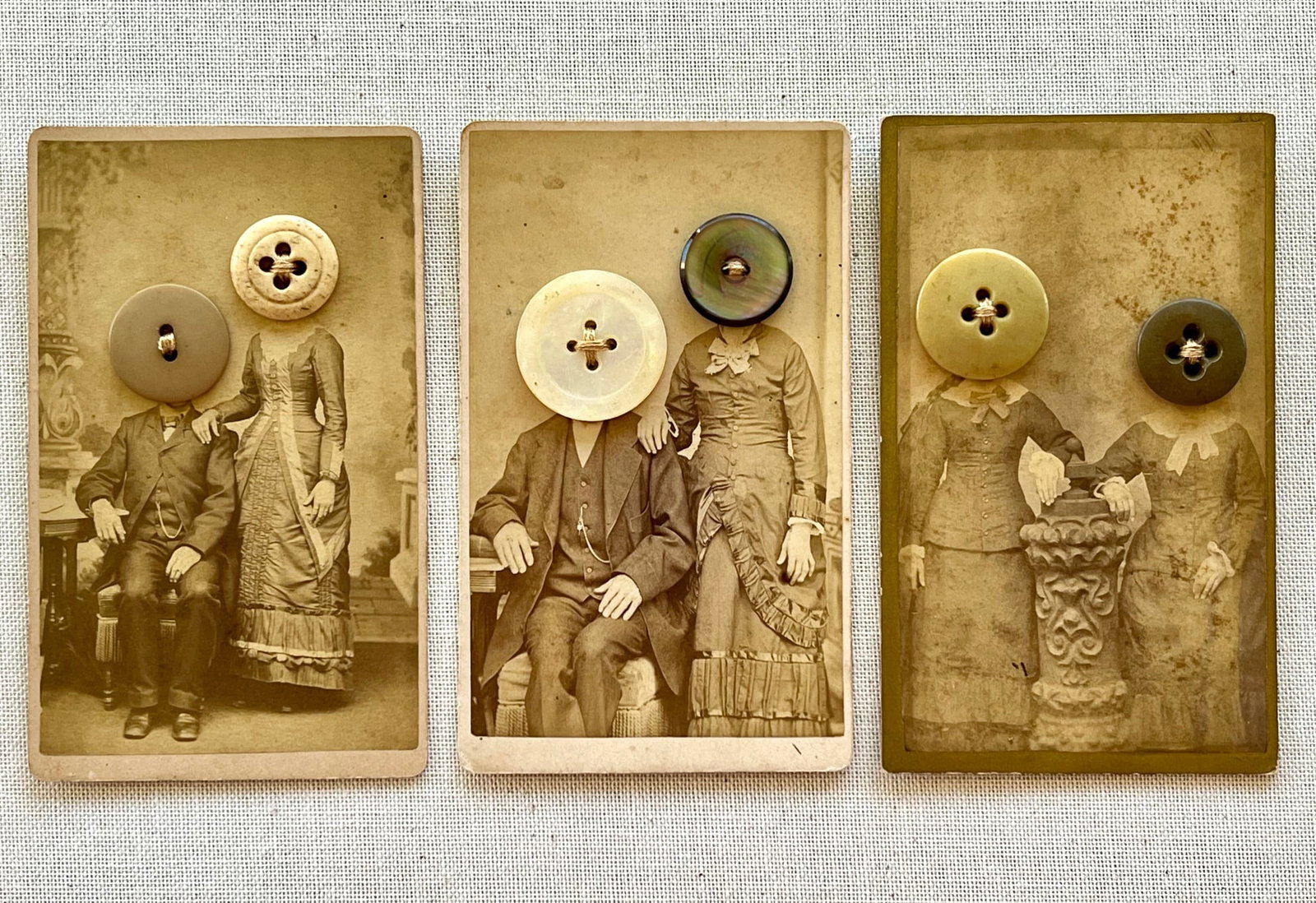 SET OF 3 ANTIQUE EERIE OUTSIDER FOLK ART VICTORIAN GOTHIC PHOTO COLLAGE BUTTONS: Set of 3 Antique eerie outsider folk art photo collages featuring an antique studio portrait altered with sewn-on buttons replacing the subjects’ faces. Mounted on original card stock with visible s