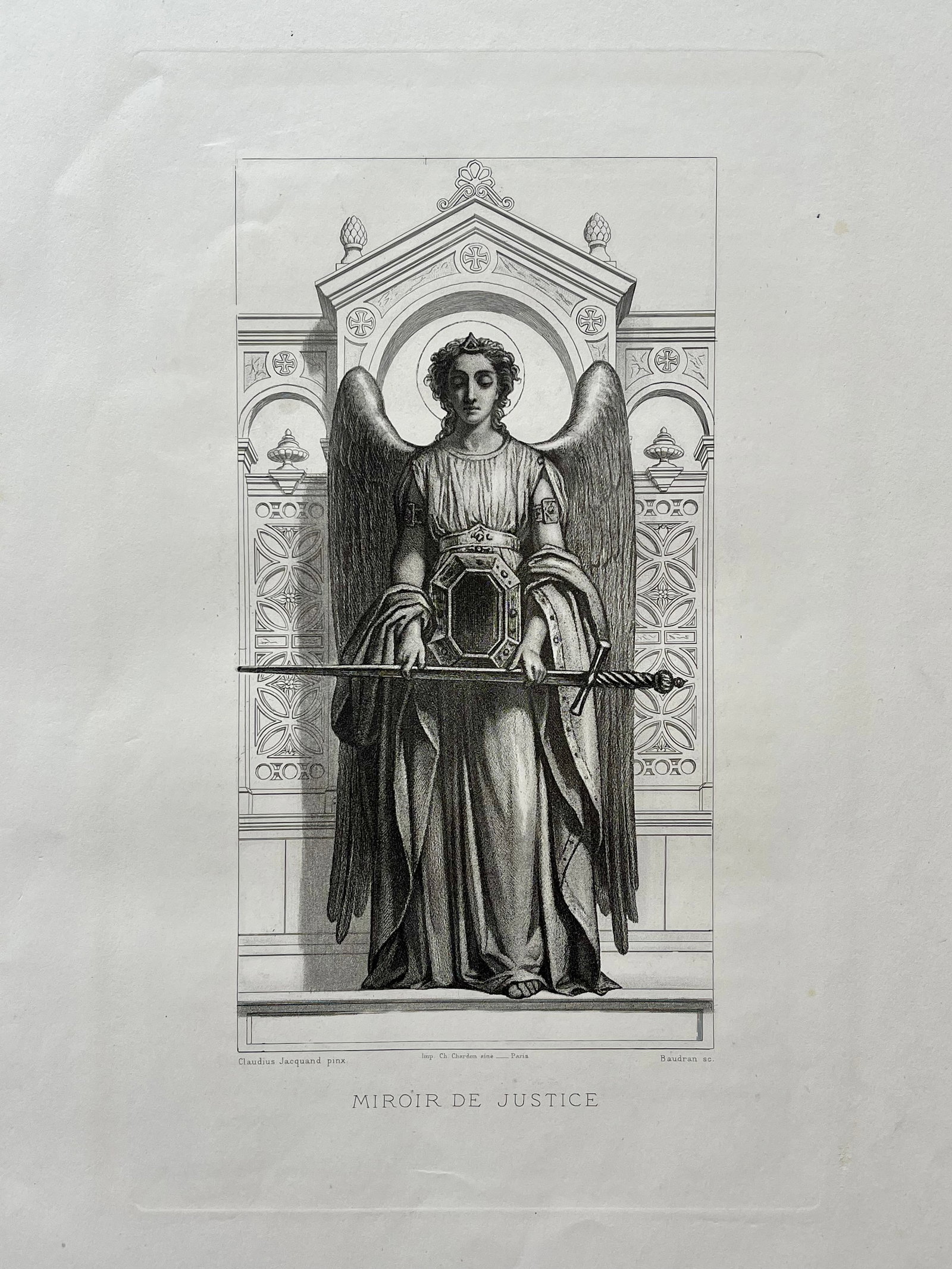 Antique French Religious Etching After Claudius Jacquand Angel Mirror Of Justice: Original Antique Etching. Printed in France. Thick paper. Size: 18.5 X 12 inches approx. UNFRAMED. Age toning, foxing, edge roughness, refer to pictures for details. SHIPPING IN THE U.S VIA USPS PRIOR