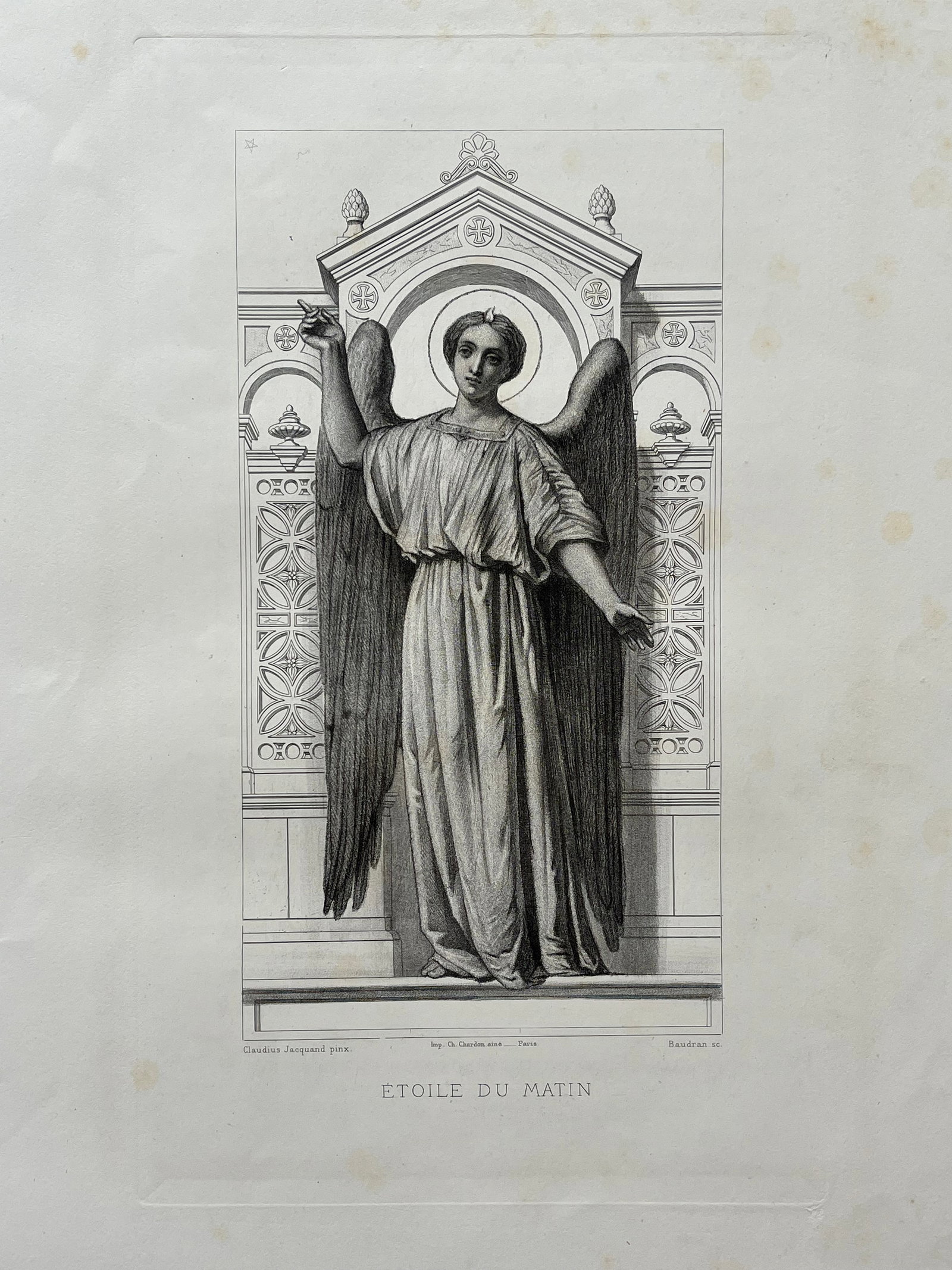 Antique French Religious Etching After Claudius Jacquand Angel Morning Star: Original Antique Etching. Printed in France. Thick paper. Size: 18.5 X 12 inches approx. UNFRAMED. Age toning, foxing, edge roughness, refer to pictures for details. SHIPPING IN THE U.S VIA USPS PRIOR